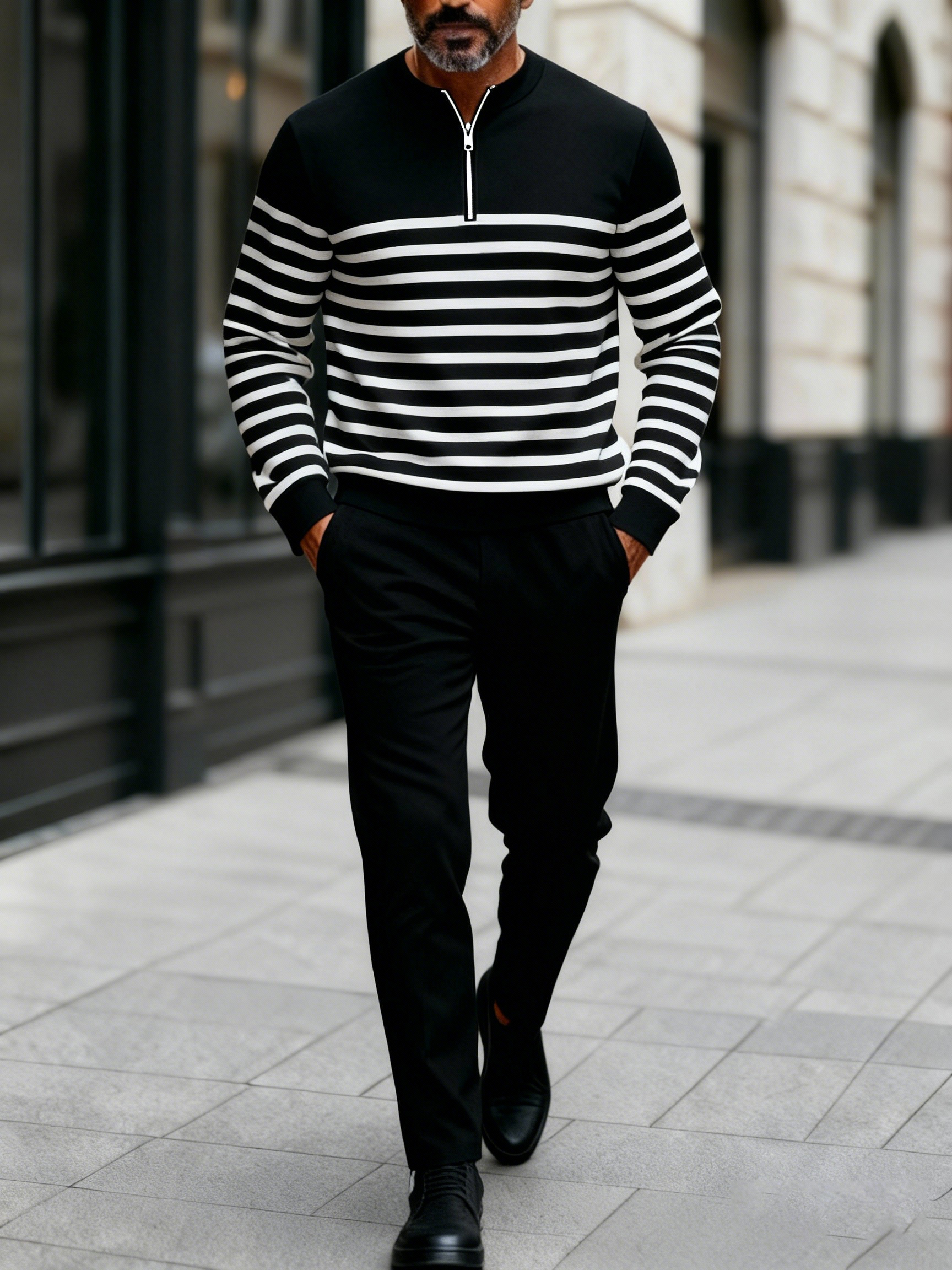 Men's fashion casual geometric print long sleeve zipper two-piece set