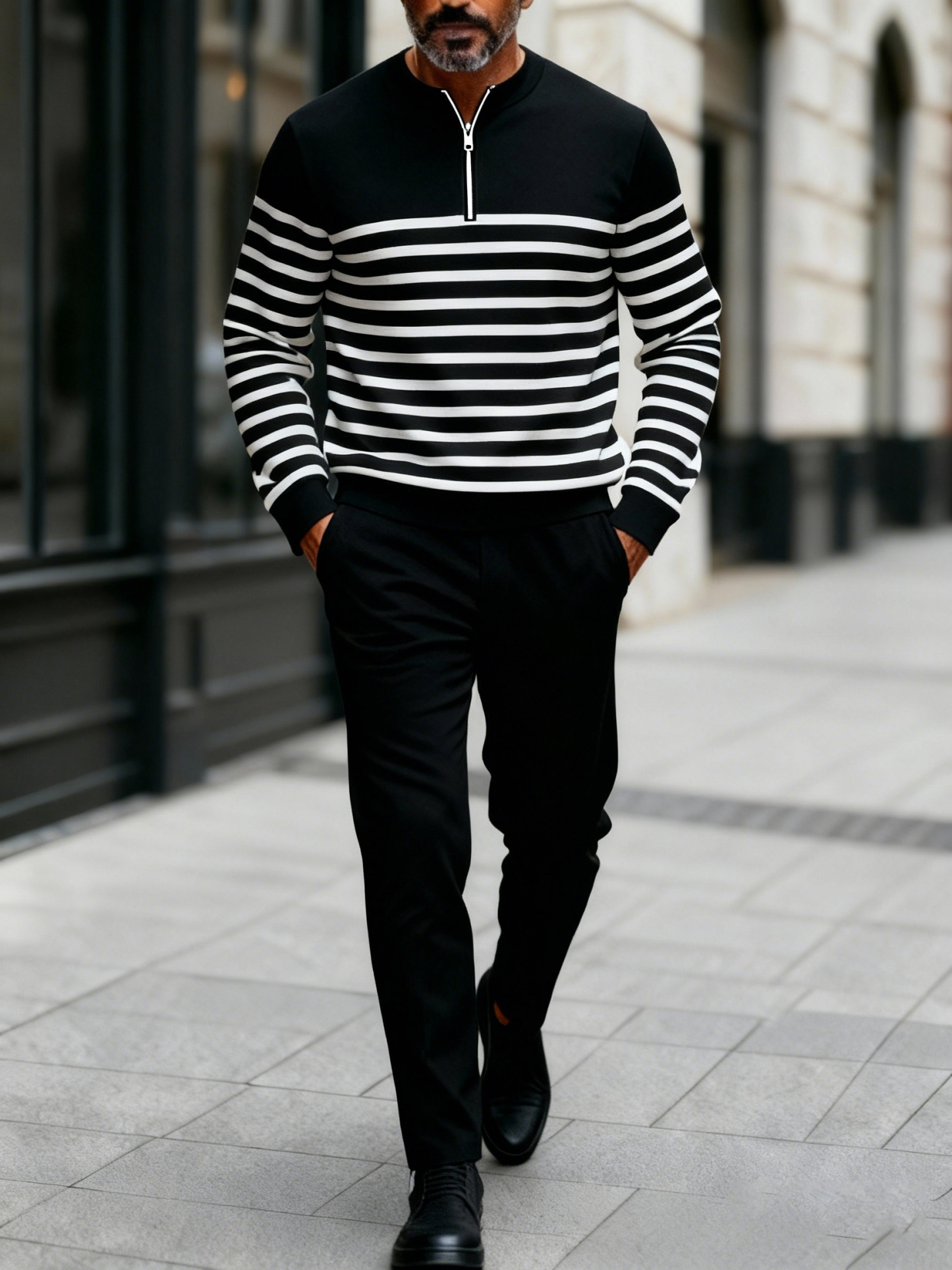 Men's fashion casual geometric print long sleeve zipper two-piece set