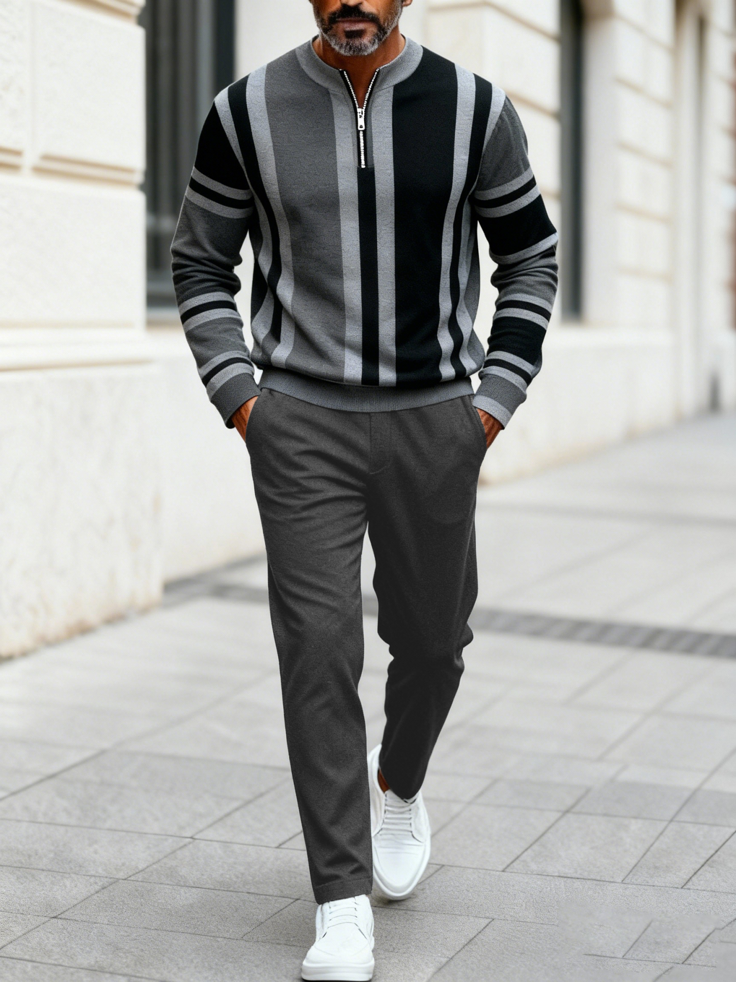Men's fashion casual geometric print long sleeve zipper two-piece set
