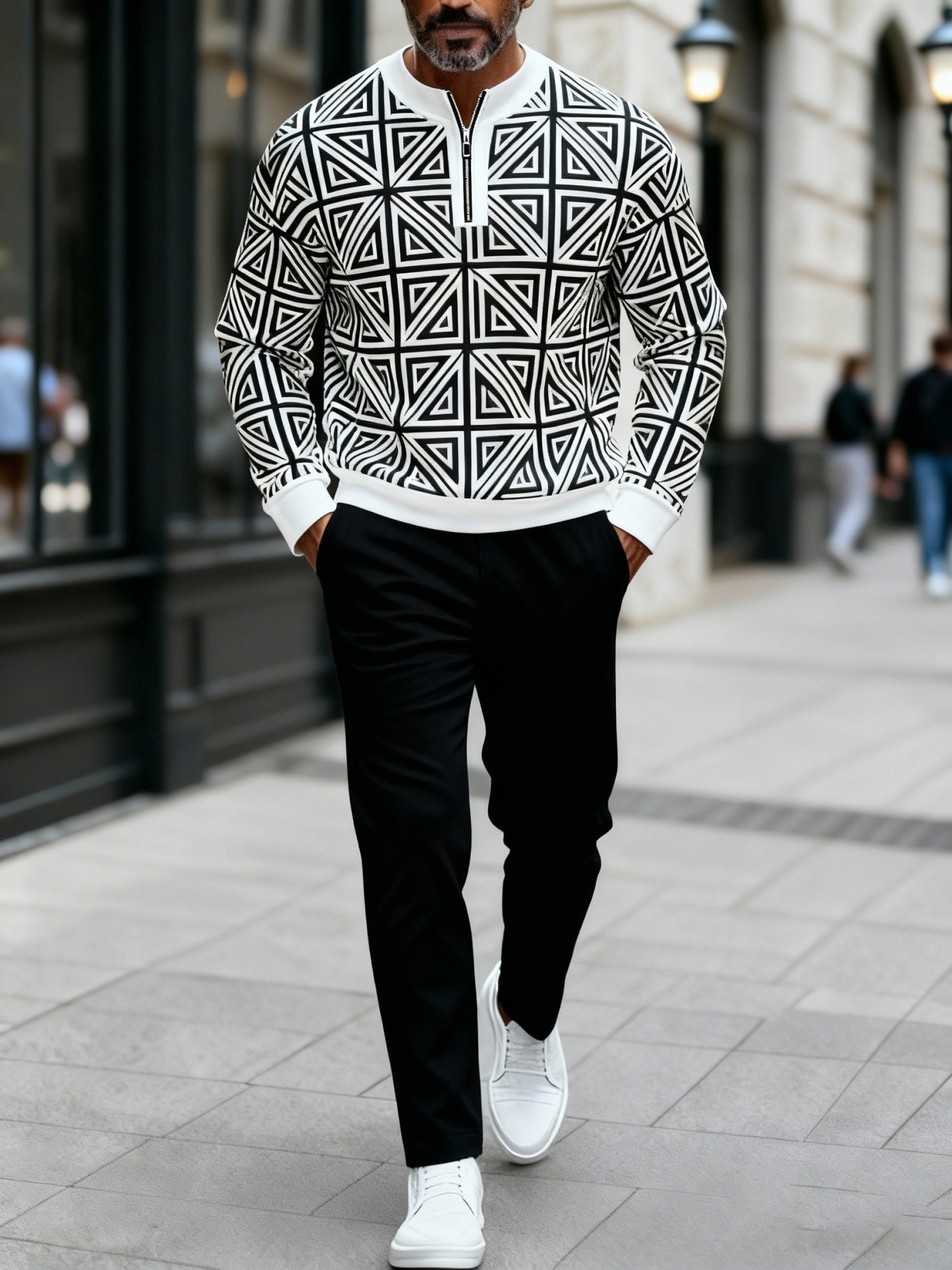 Men's fashion casual geometric print long sleeve zipper two-piece set