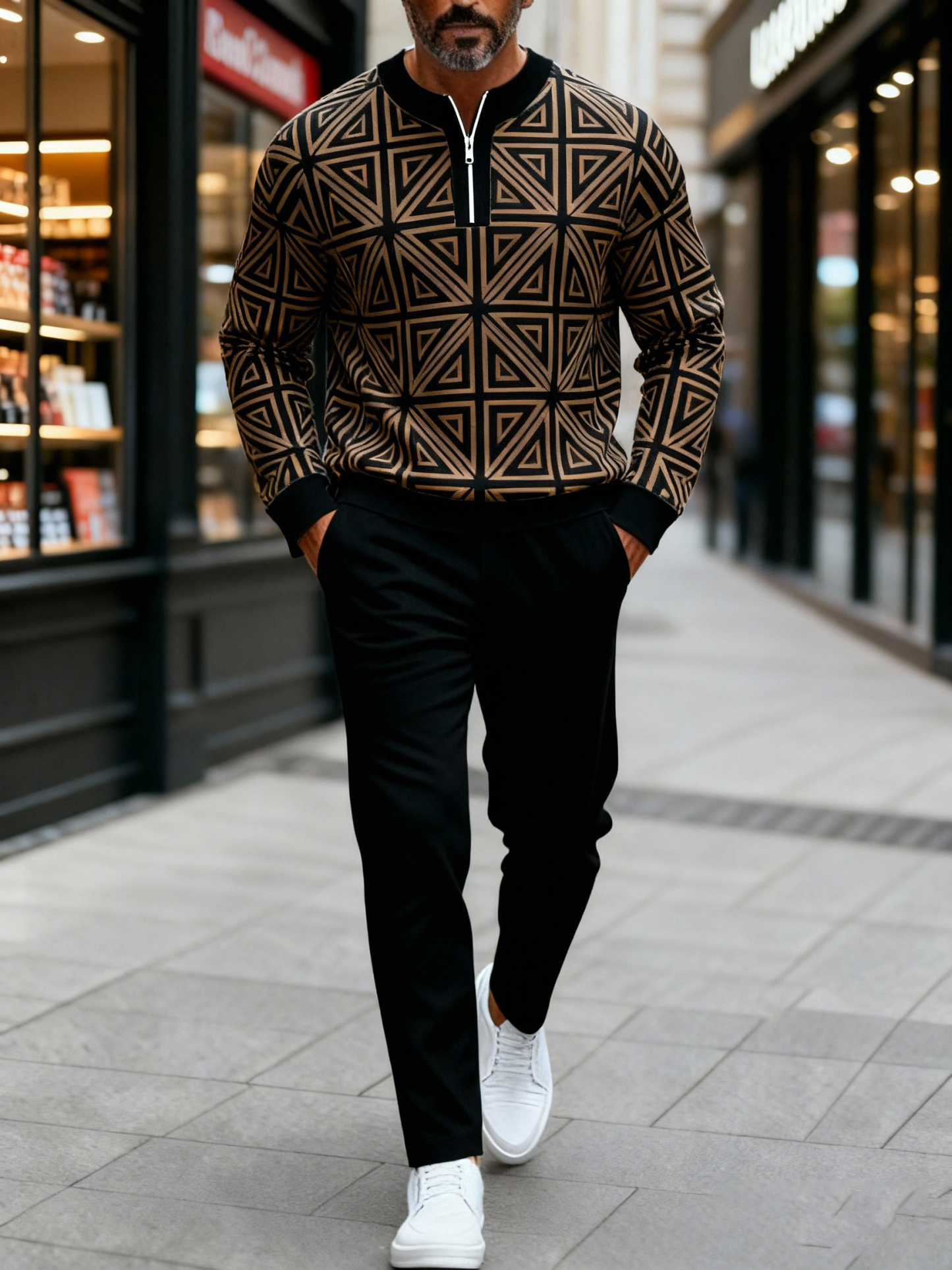 Men's fashion casual geometric print long sleeve zipper two-piece set