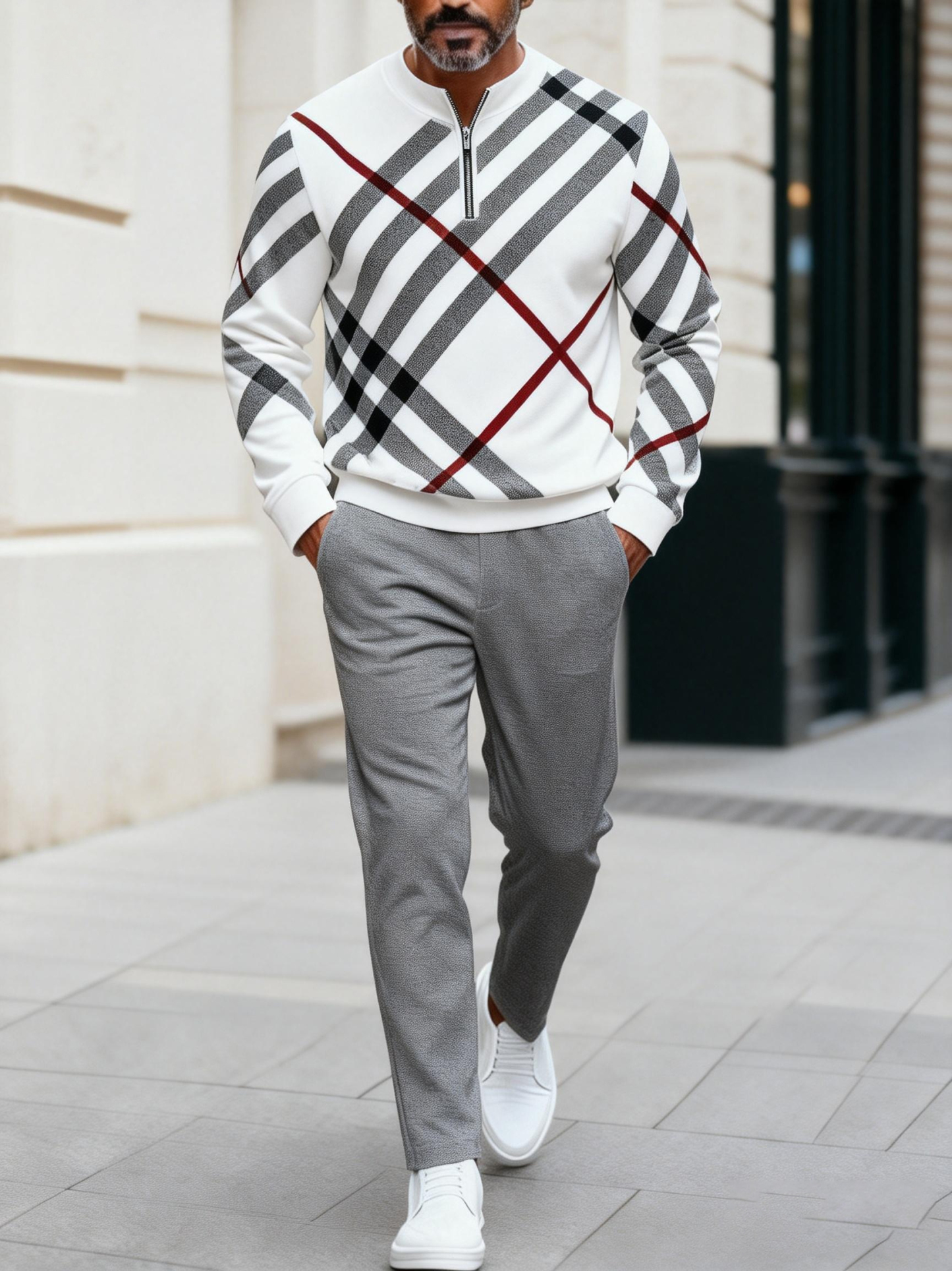 Men's fashion casual geometric print long sleeve zipper two-piece set