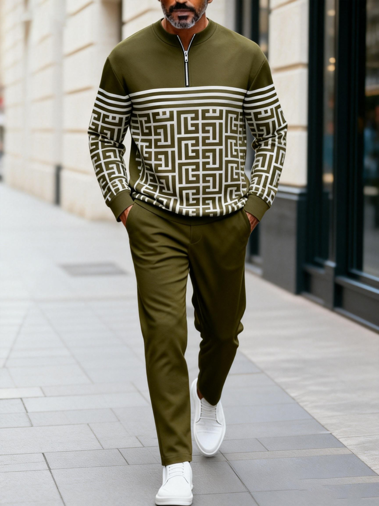 Men's fashion casual geometric print long sleeve zipper two-piece set