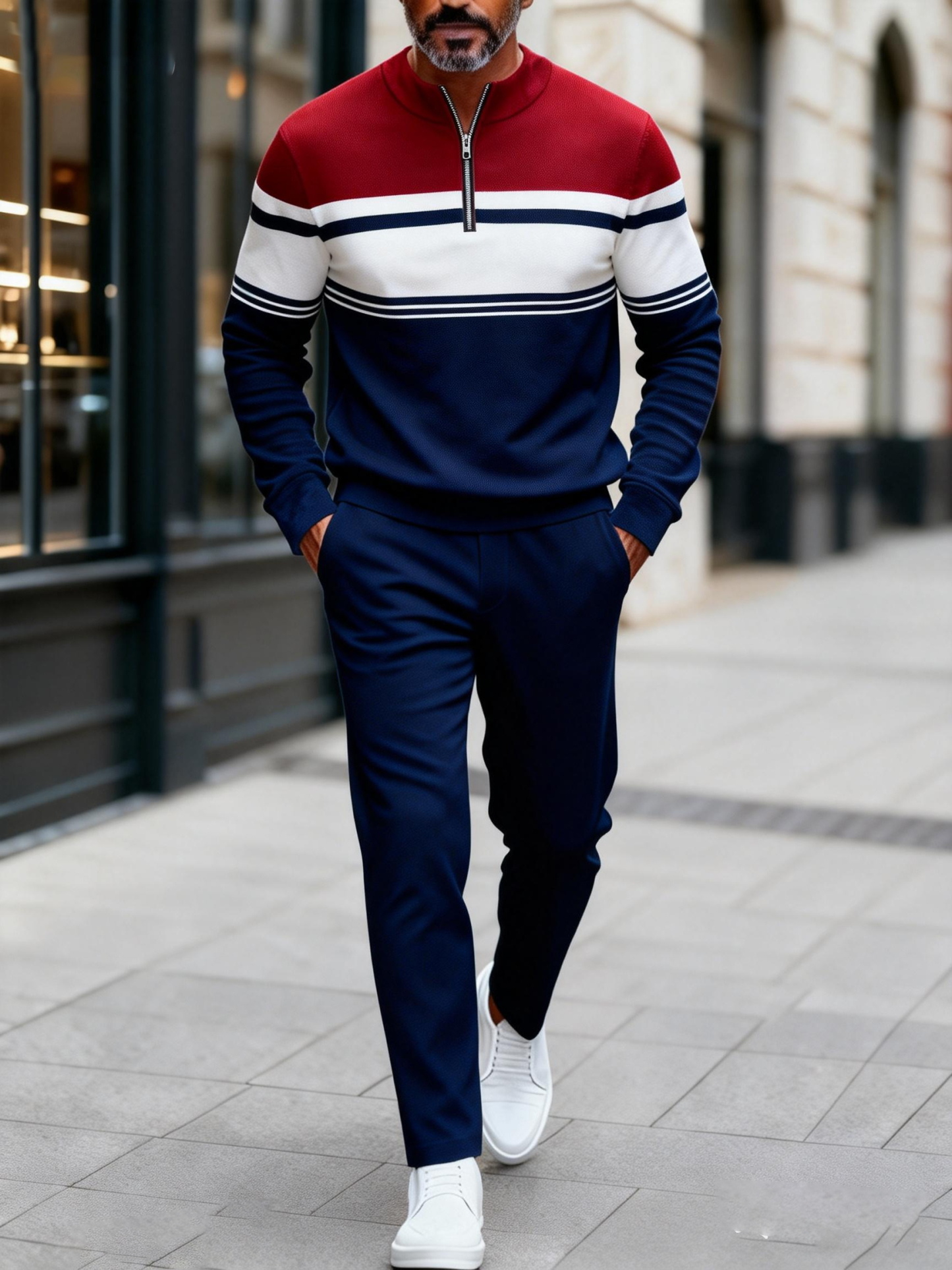 Men's fashion casual geometric print long sleeve zipper two-piece set