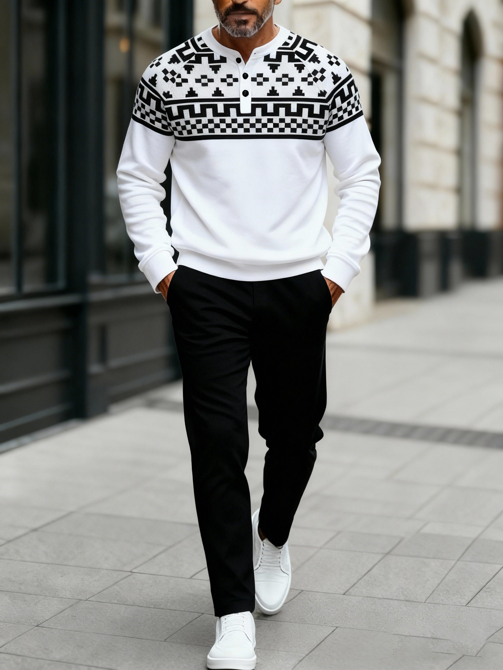 Men's Fashion Casual Geometric Print Long Sleeve Button Design Two-Piece Set