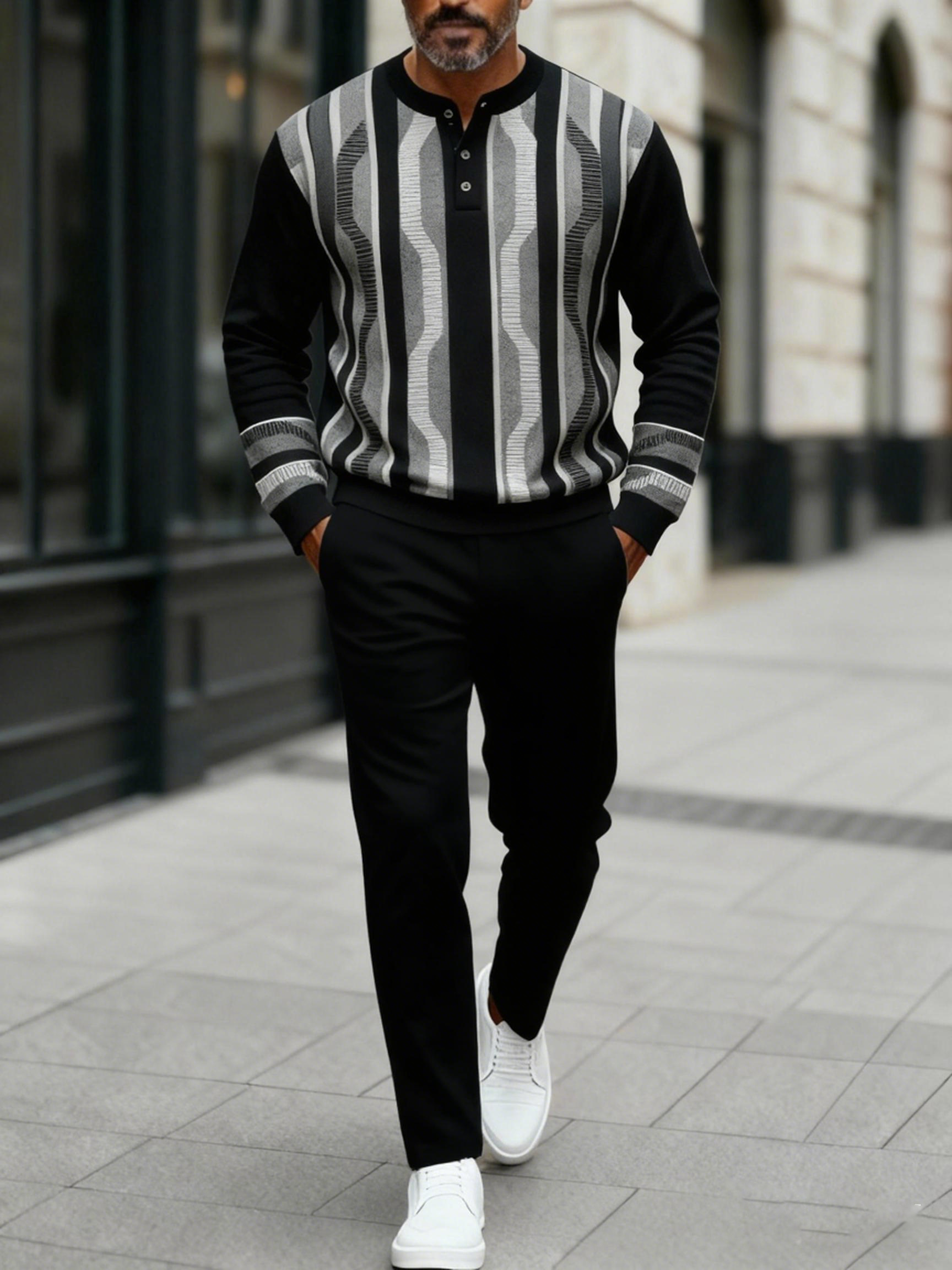 Men's Fashion Casual Geometric Print Long Sleeve Button Design Two-Piece Set