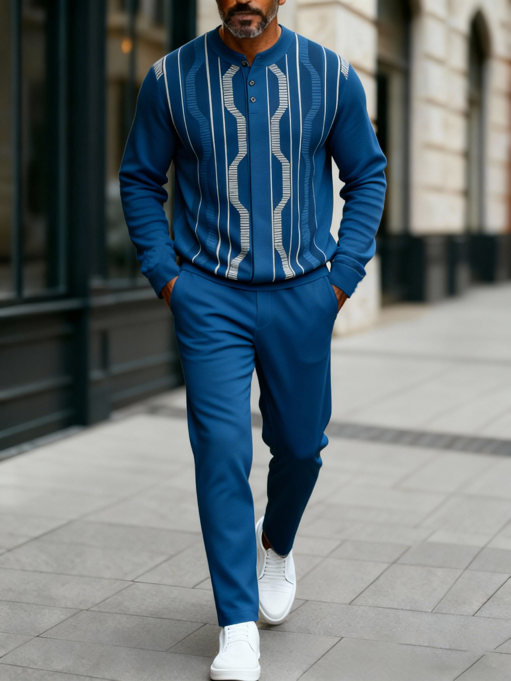 Men's Fashion Casual Geometric Print Long Sleeve Button Design Two-Piece Set