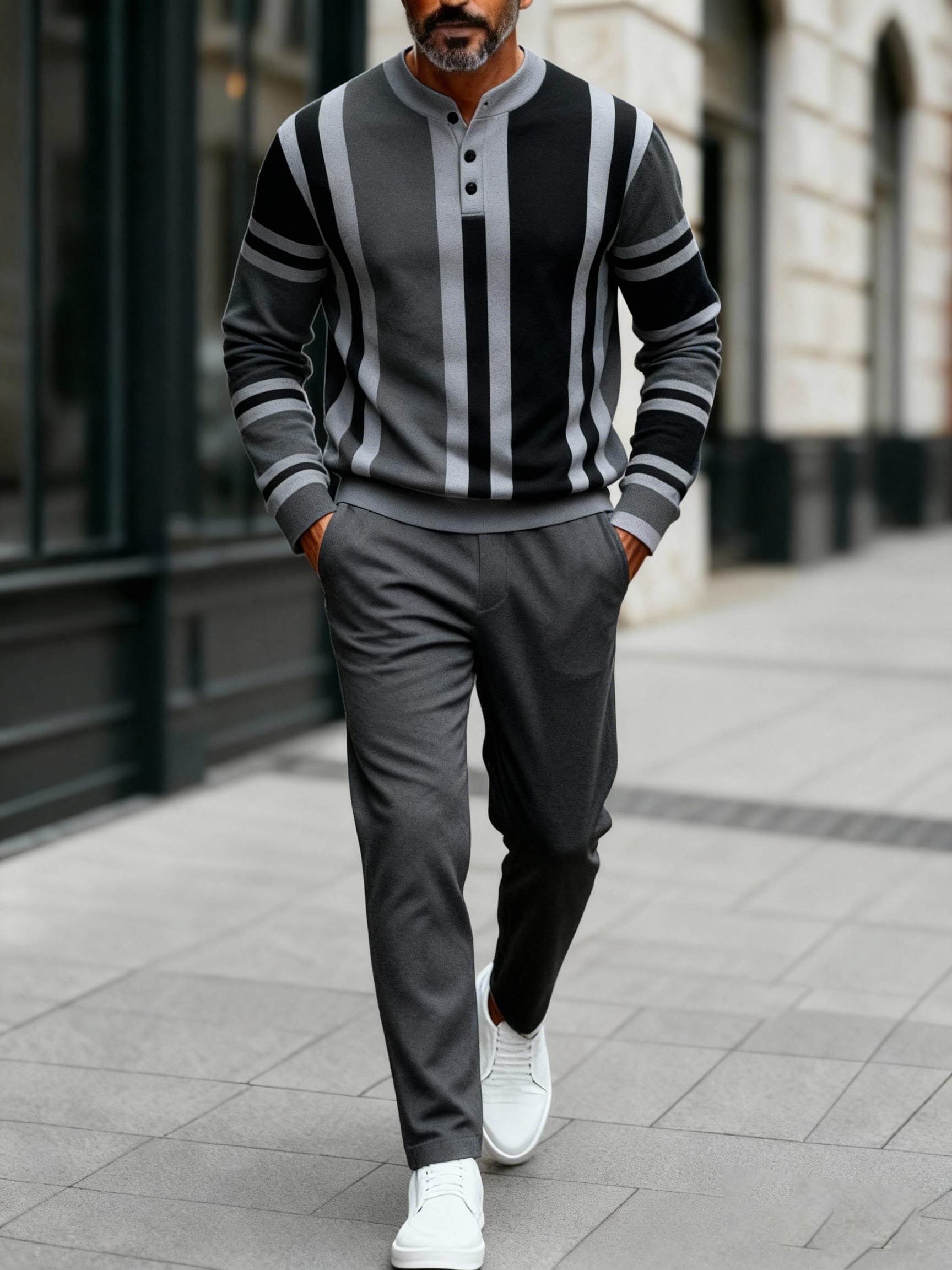 Men's Fashion Casual Geometric Print Long Sleeve Button Design Two-Piece Set