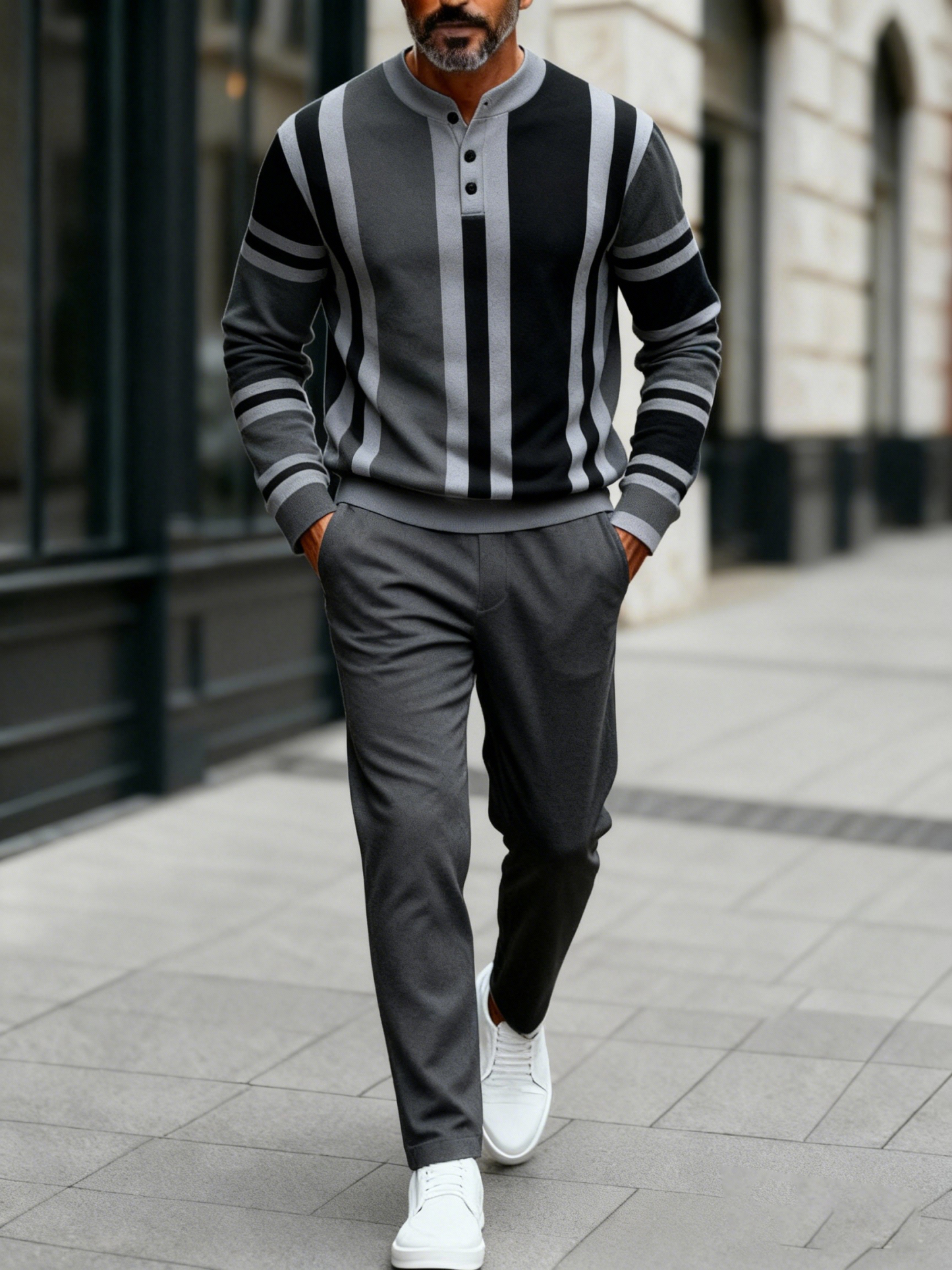 Men's Fashion Casual Geometric Print Long Sleeve Button Design Two-Piece Set