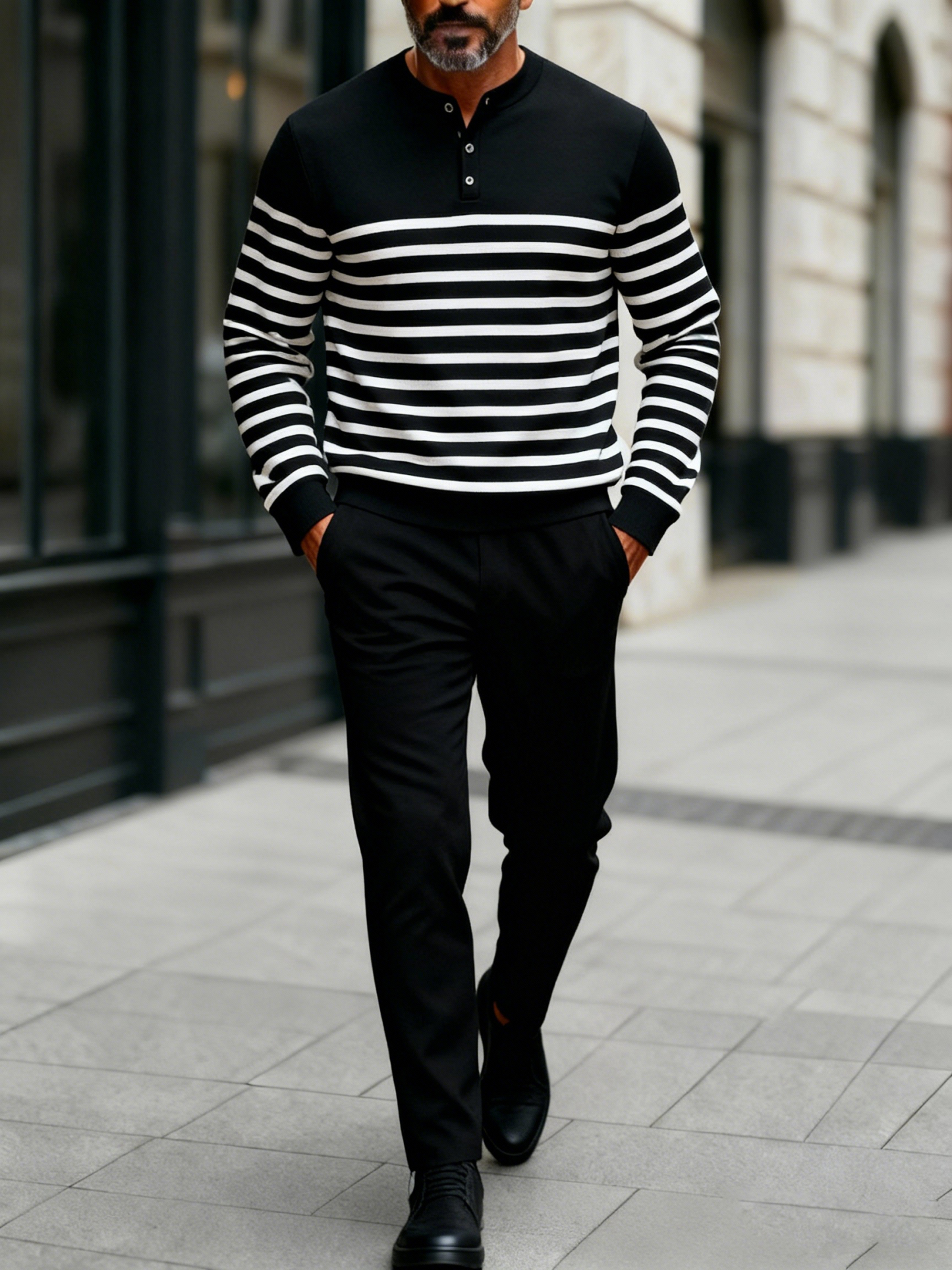 Men's Fashion Casual Geometric Print Long Sleeve Button Design Two-Piece Set