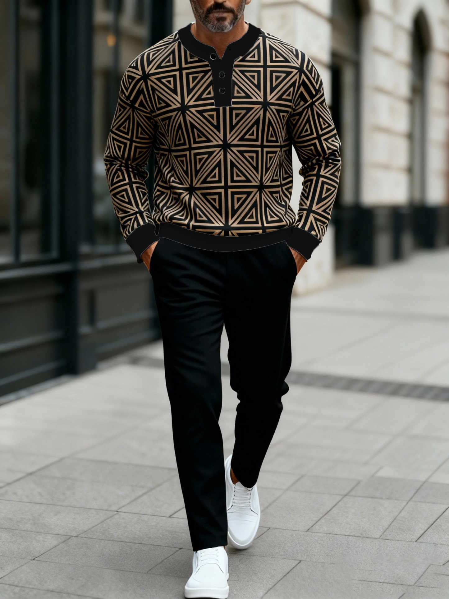 Men's Fashion Casual Geometric Print Long Sleeve Button Design Two-Piece Set