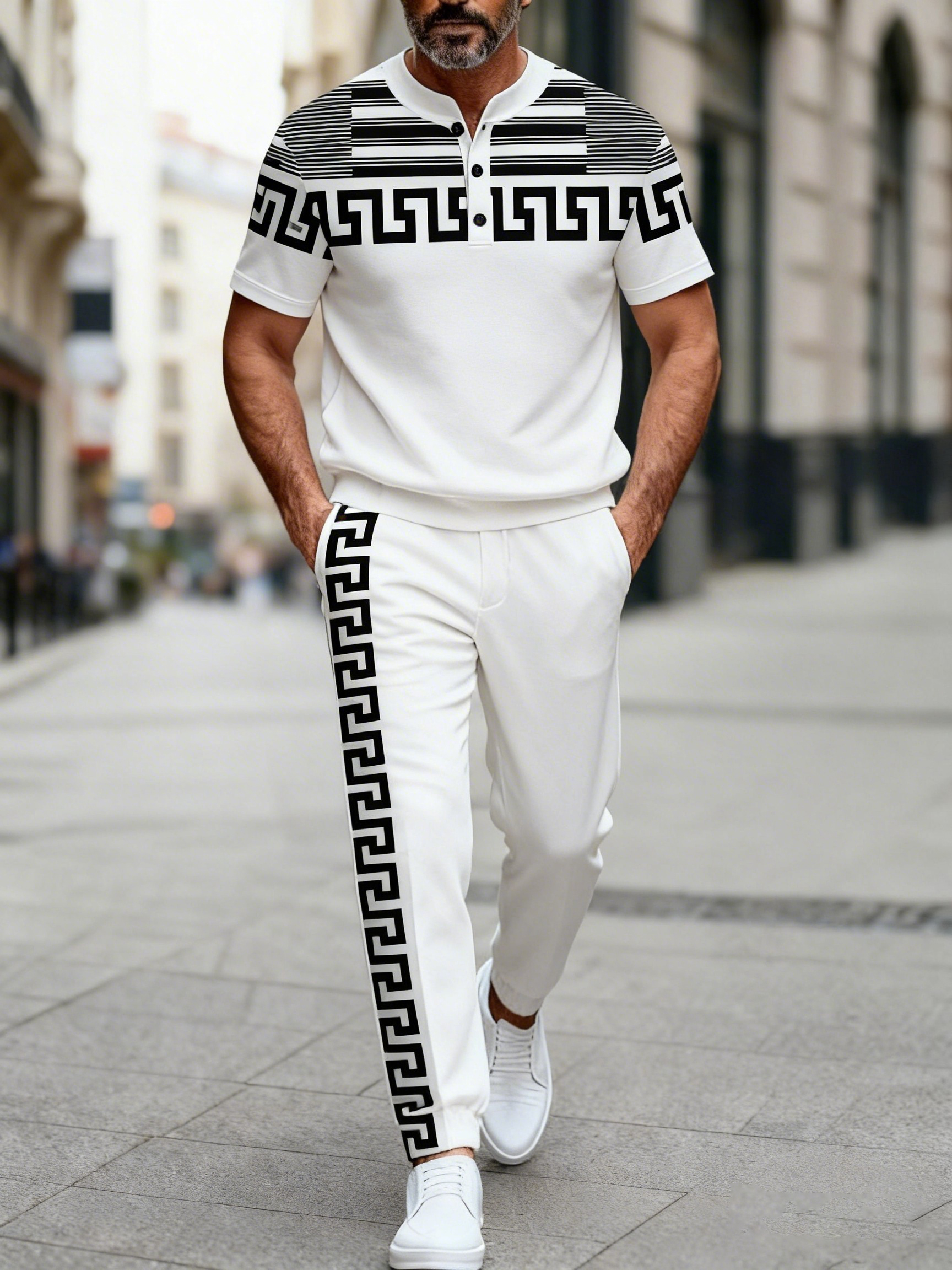 Men's Fashion Casual Geometric Print Short Sleeve Button Design And Pants Two-Piece Set