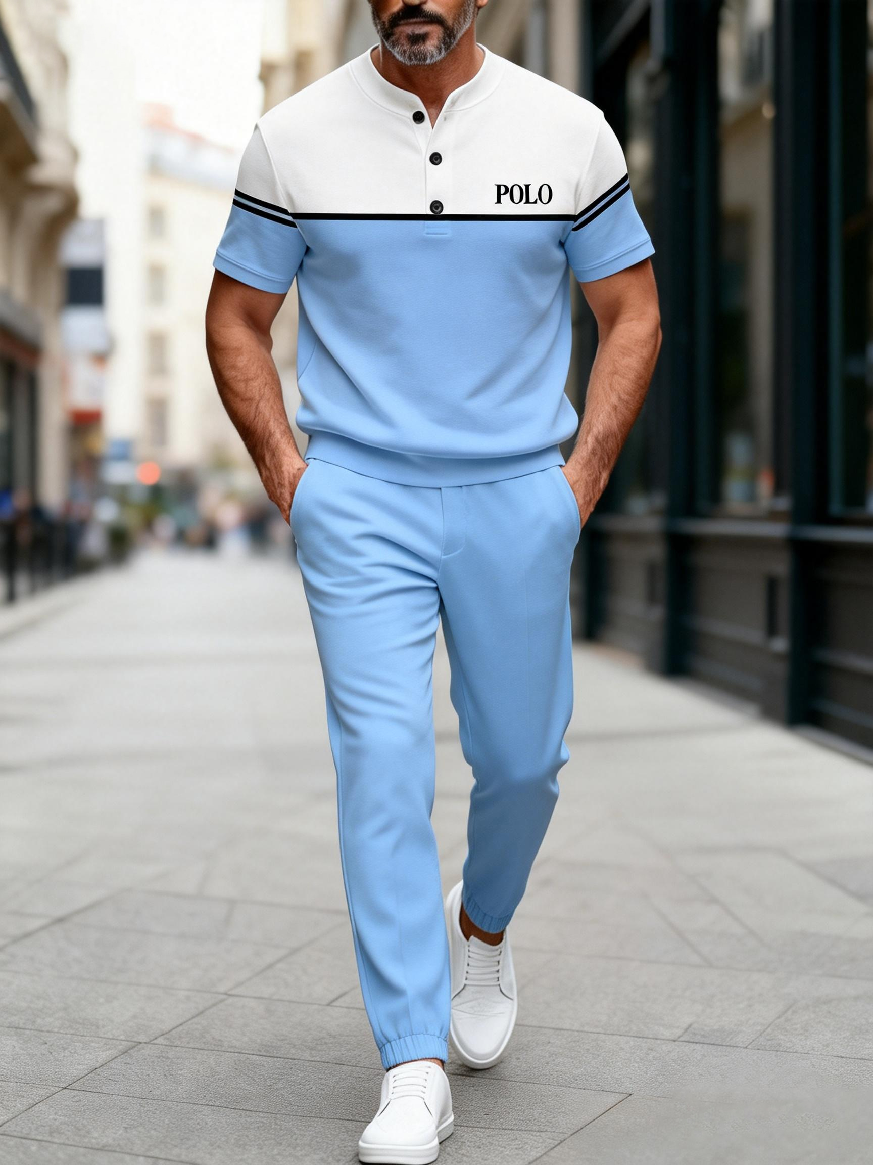 Men's Fashion Casual Geometric Print Short Sleeve Button Design And Pants Two-Piece Set