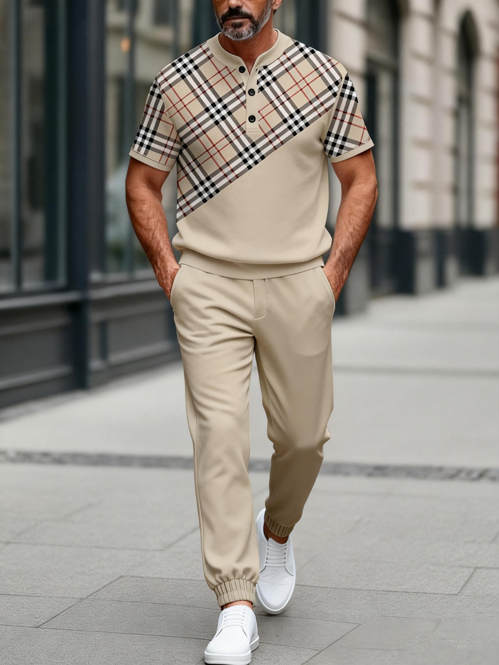 Men's Fashion Casual Geometric Print Short Sleeve Button Design And Pants Two-Piece Set