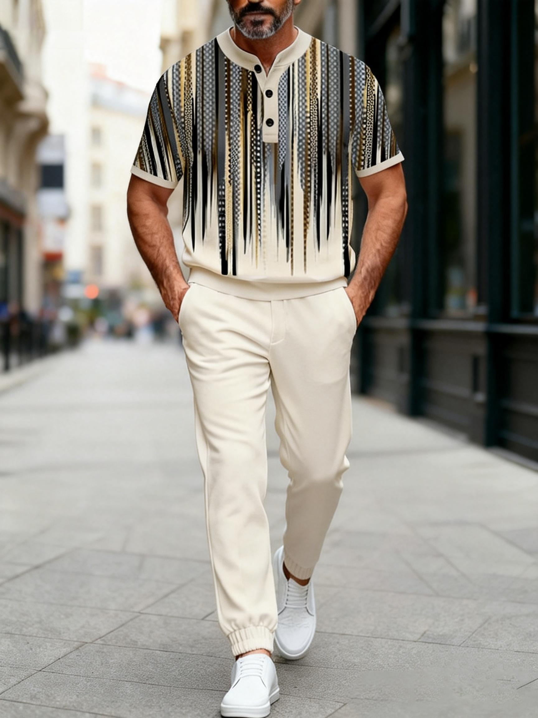 Men's Fashion Casual Geometric Print Short Sleeve Button Design And Pants Two-Piece Set