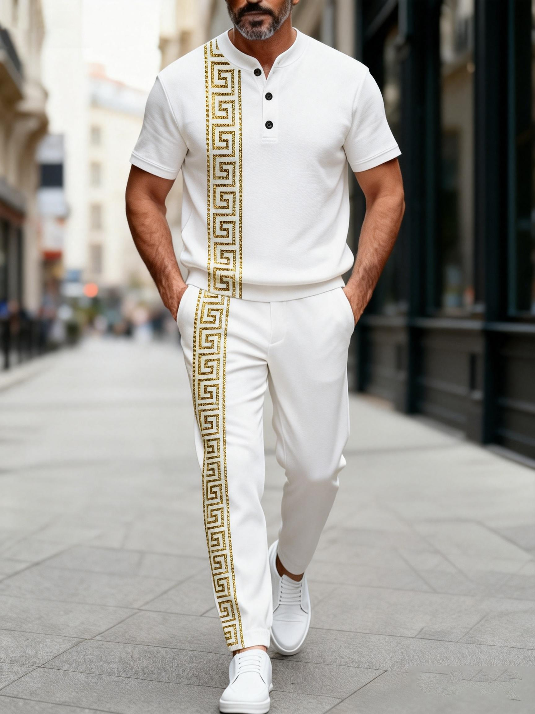 Men's Fashion Casual Geometric Print Short Sleeve Button Design And Pants Two-Piece Set