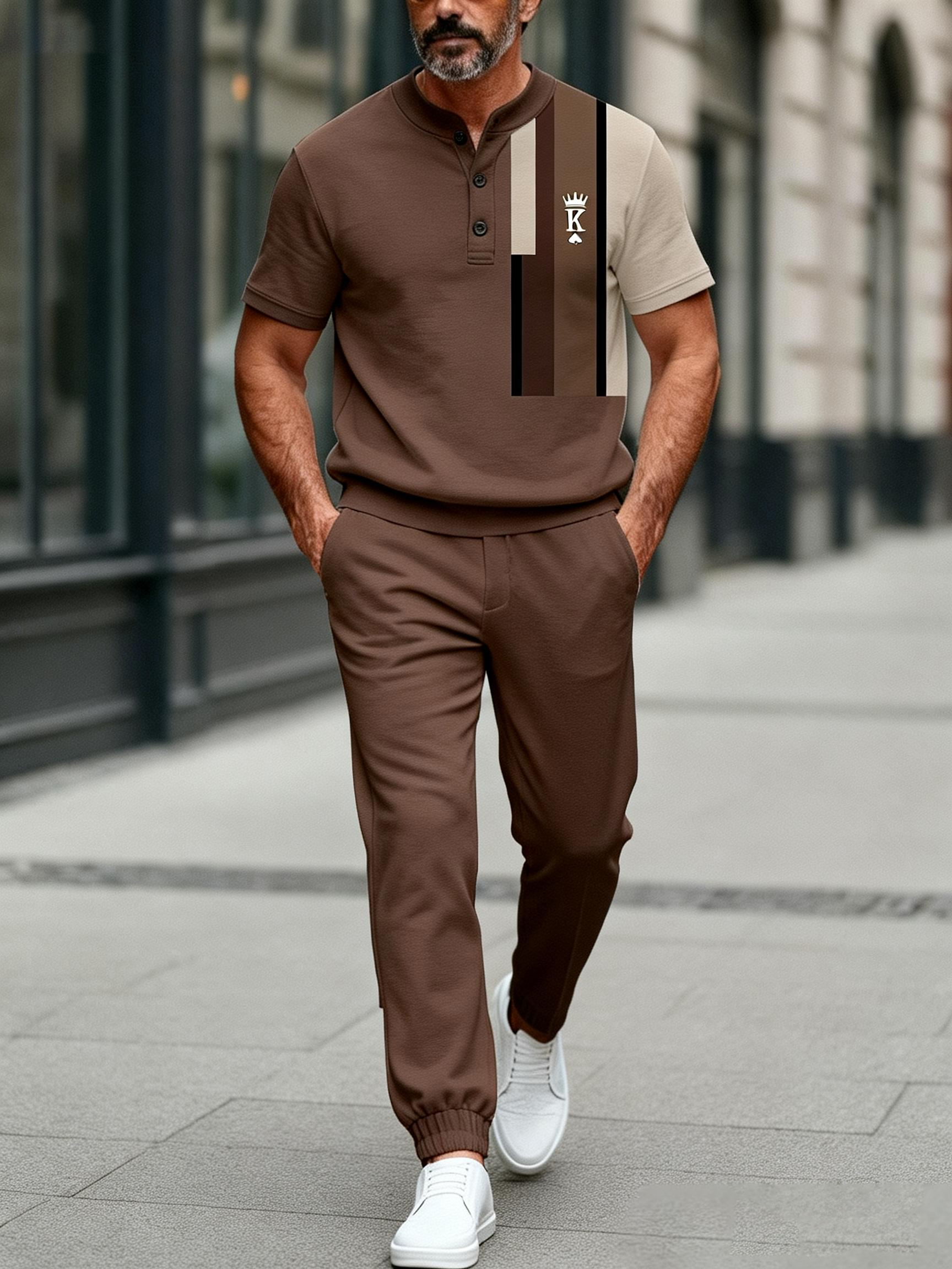 Men's Fashion Casual Geometric Print Short Sleeve Button Design And Pants Two-Piece Set