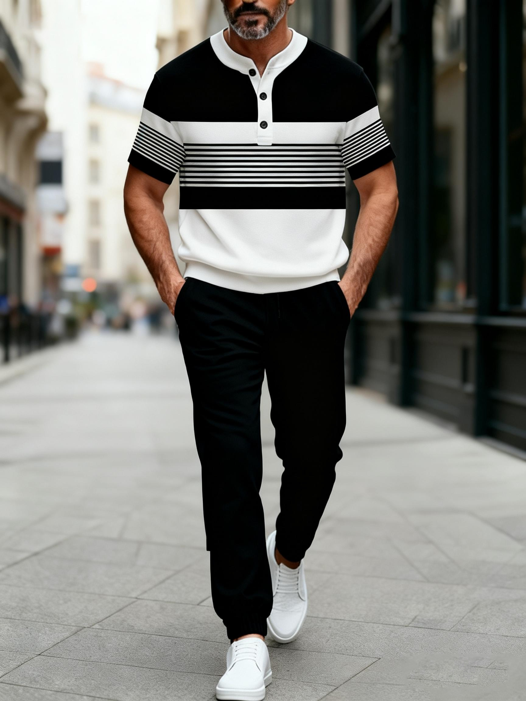 Men's Fashion Casual Geometric Print Short Sleeve Button Design And Pants Two-Piece Set