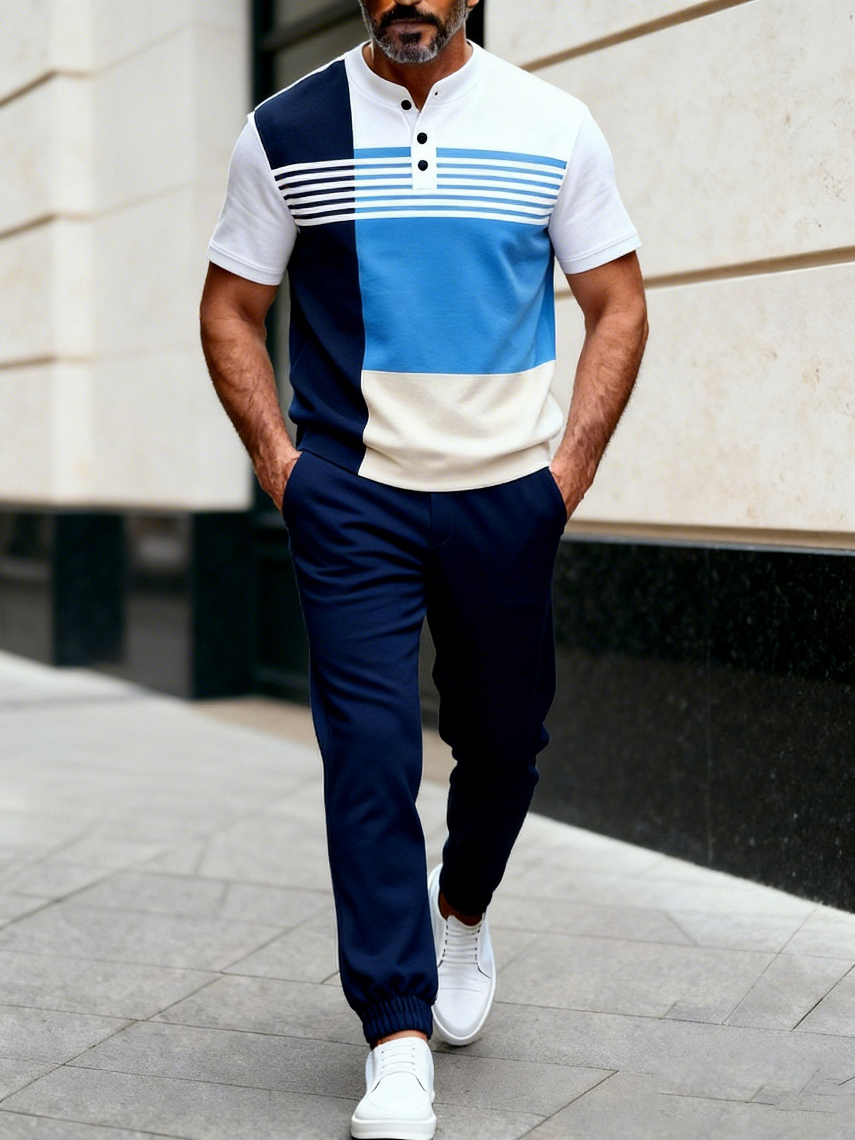 Men's Fashion Casual Geometric Print Short Sleeve Button Design And Pants Two-Piece Set