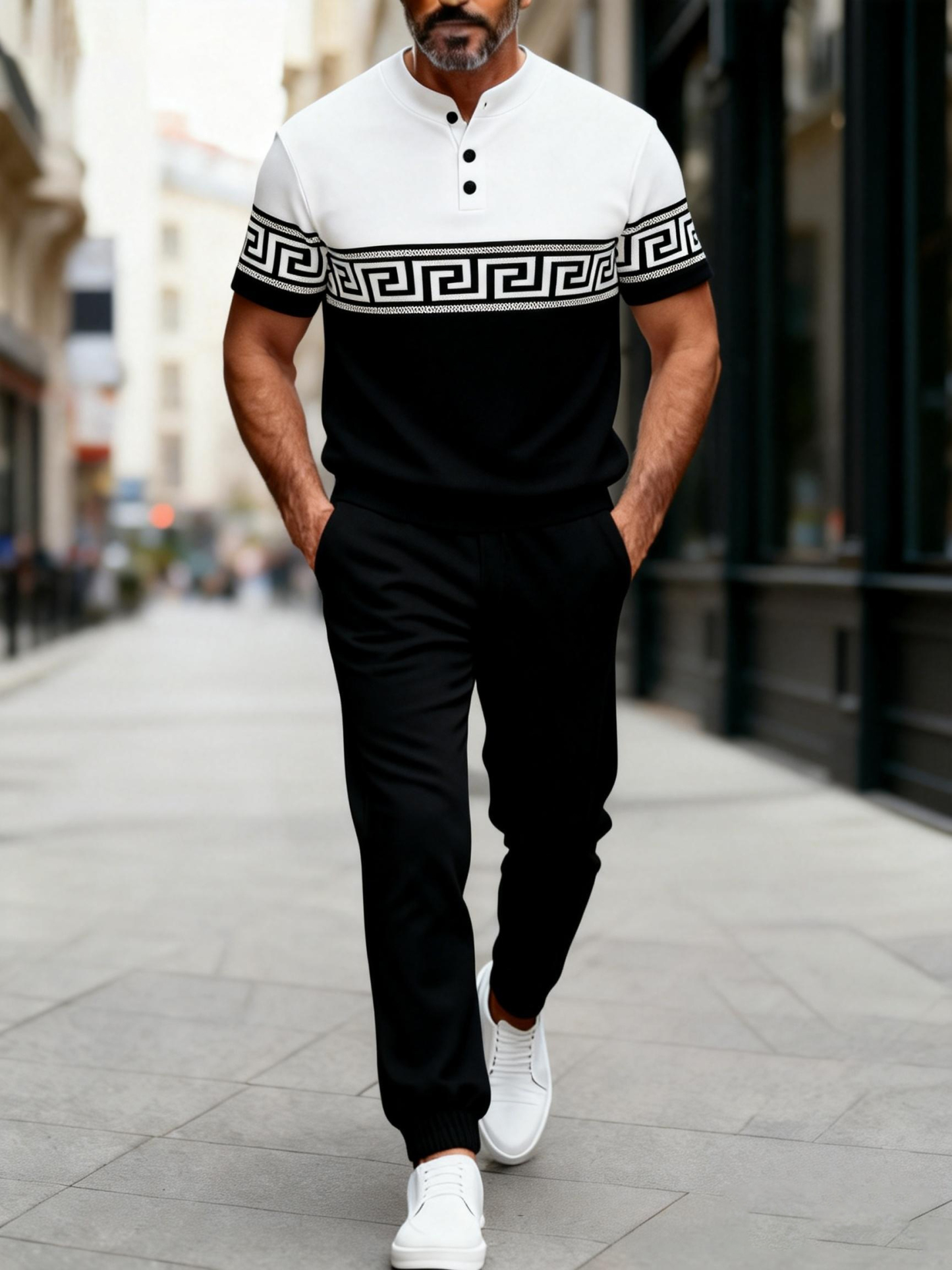 Men's Fashion Casual Geometric Print Short Sleeve Button Design And Pants Two-Piece Set