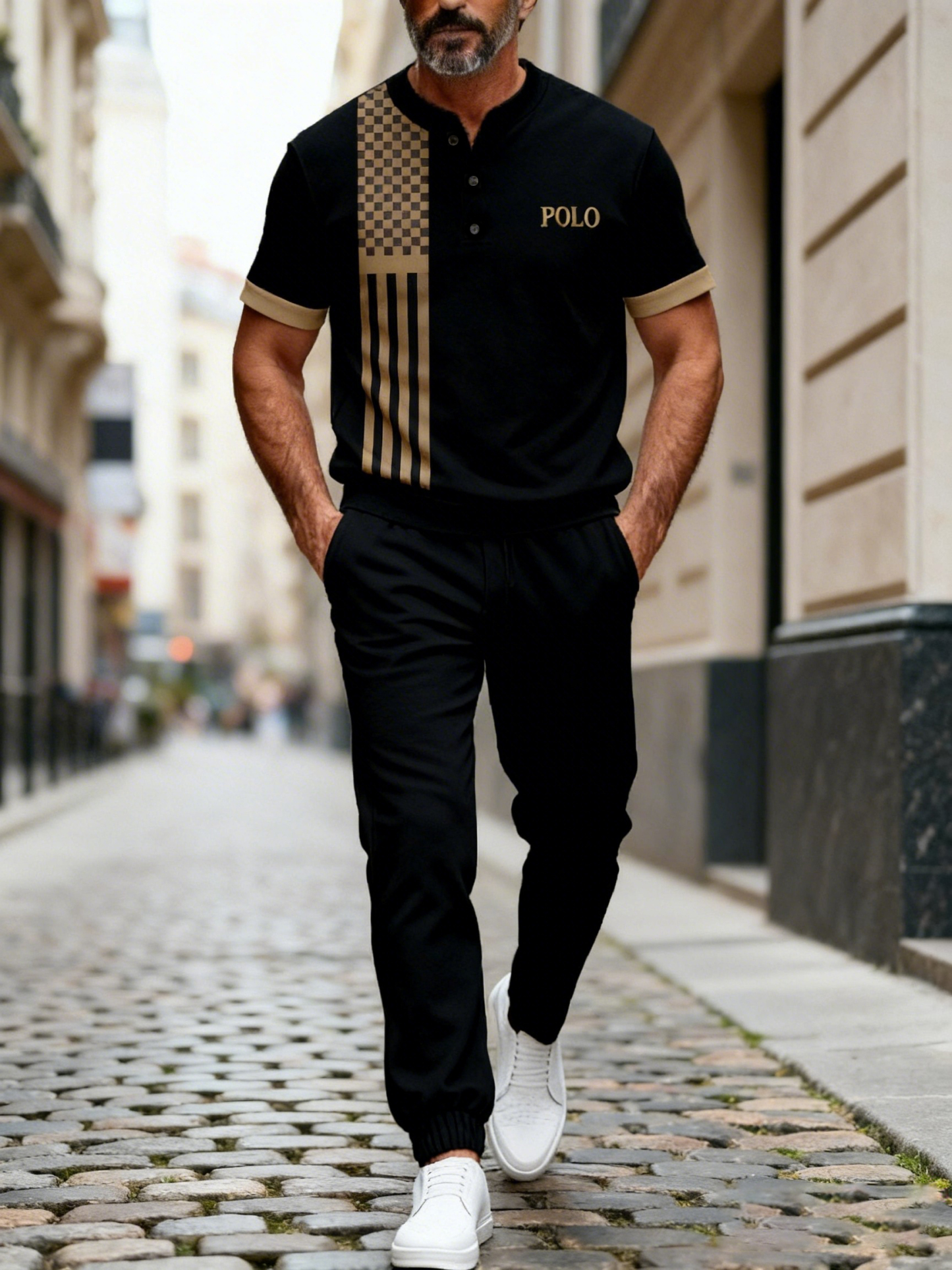 Men's Fashion Casual Geometric Print Short Sleeve Button Design And Pants Two-Piece Set