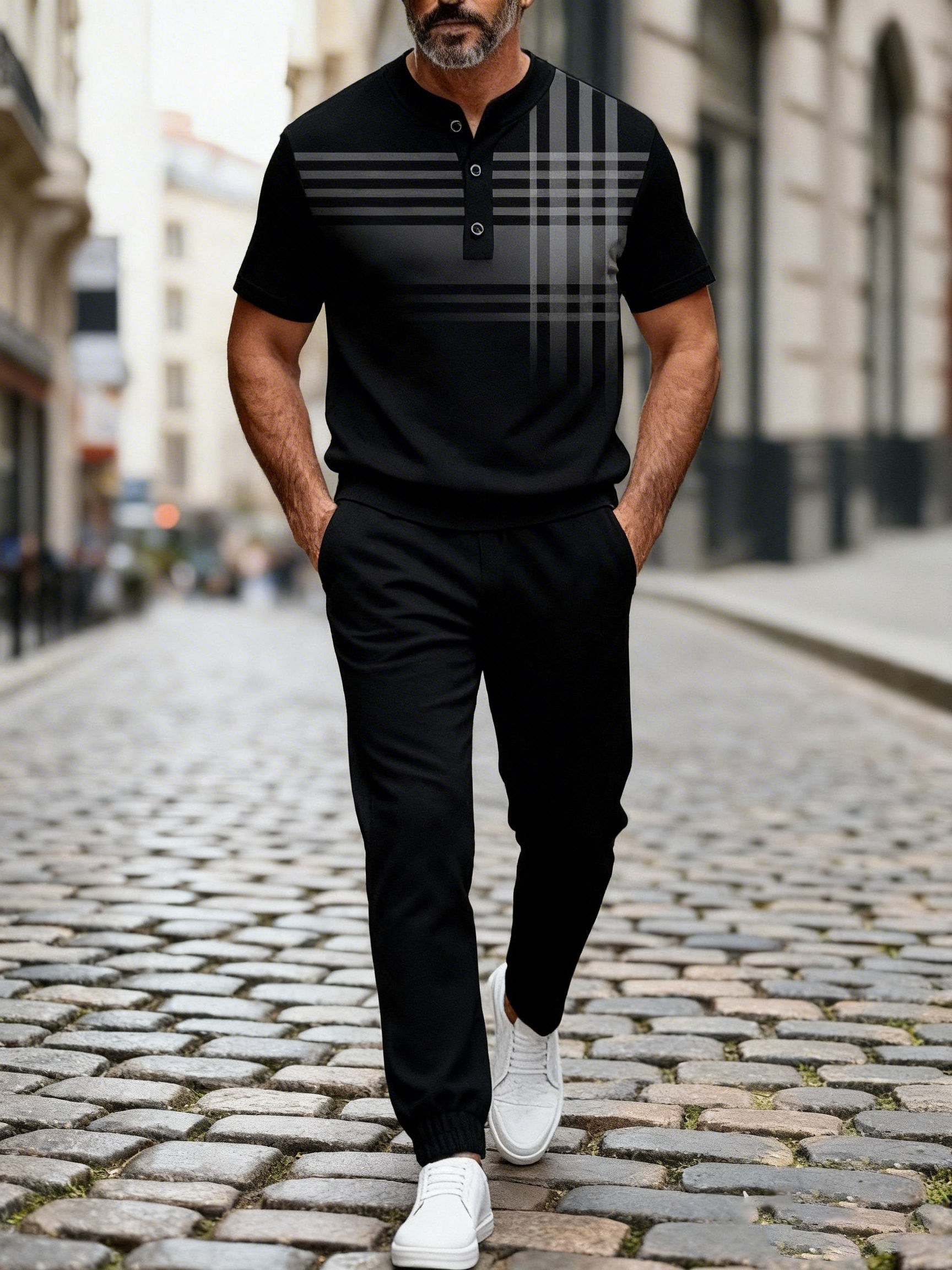 Men's Fashion Casual Geometric Print Short Sleeve Button Design And Pants Two-Piece Set