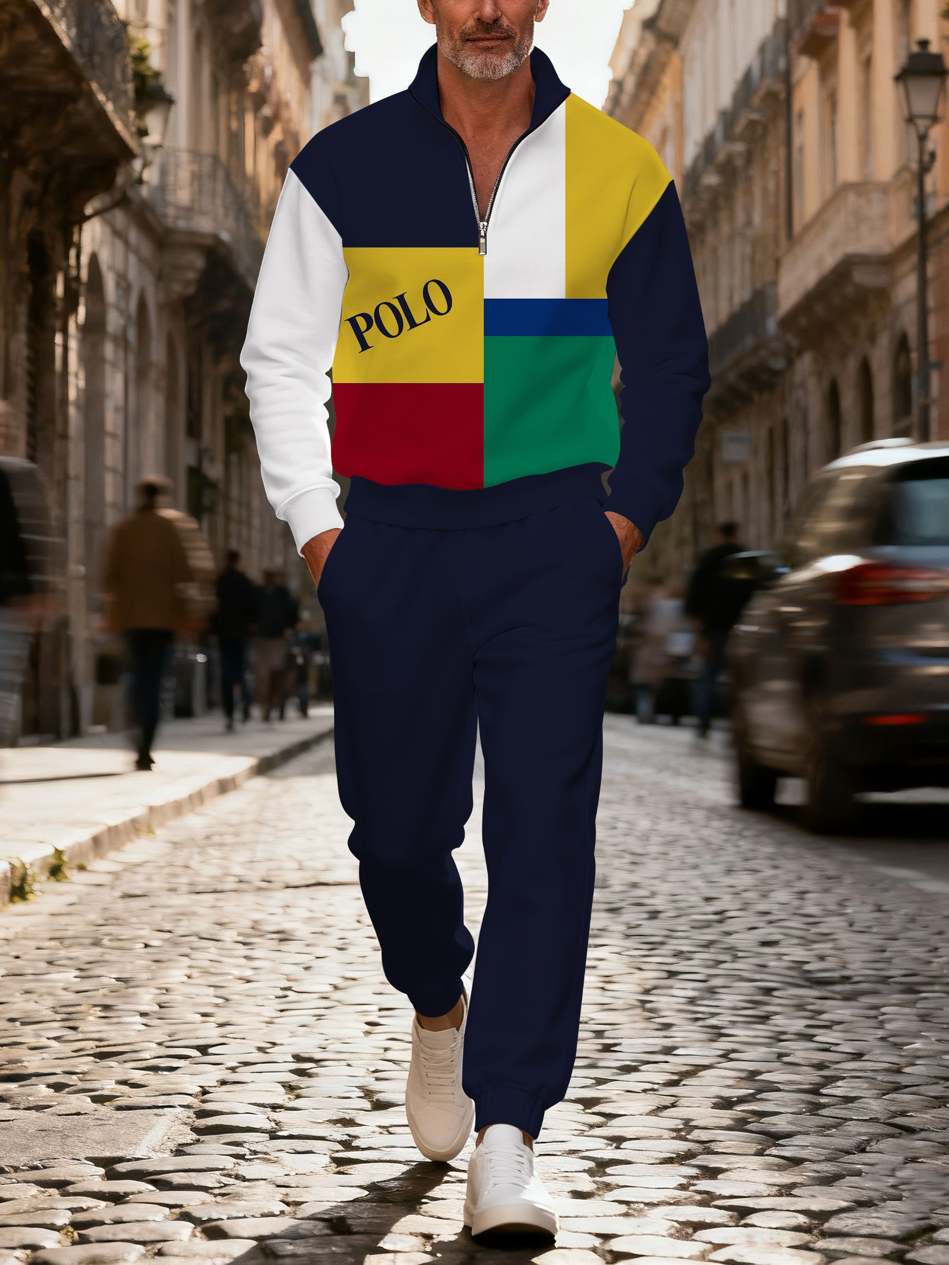 Men's casual multi-color zipper long-sleeved two-piece set