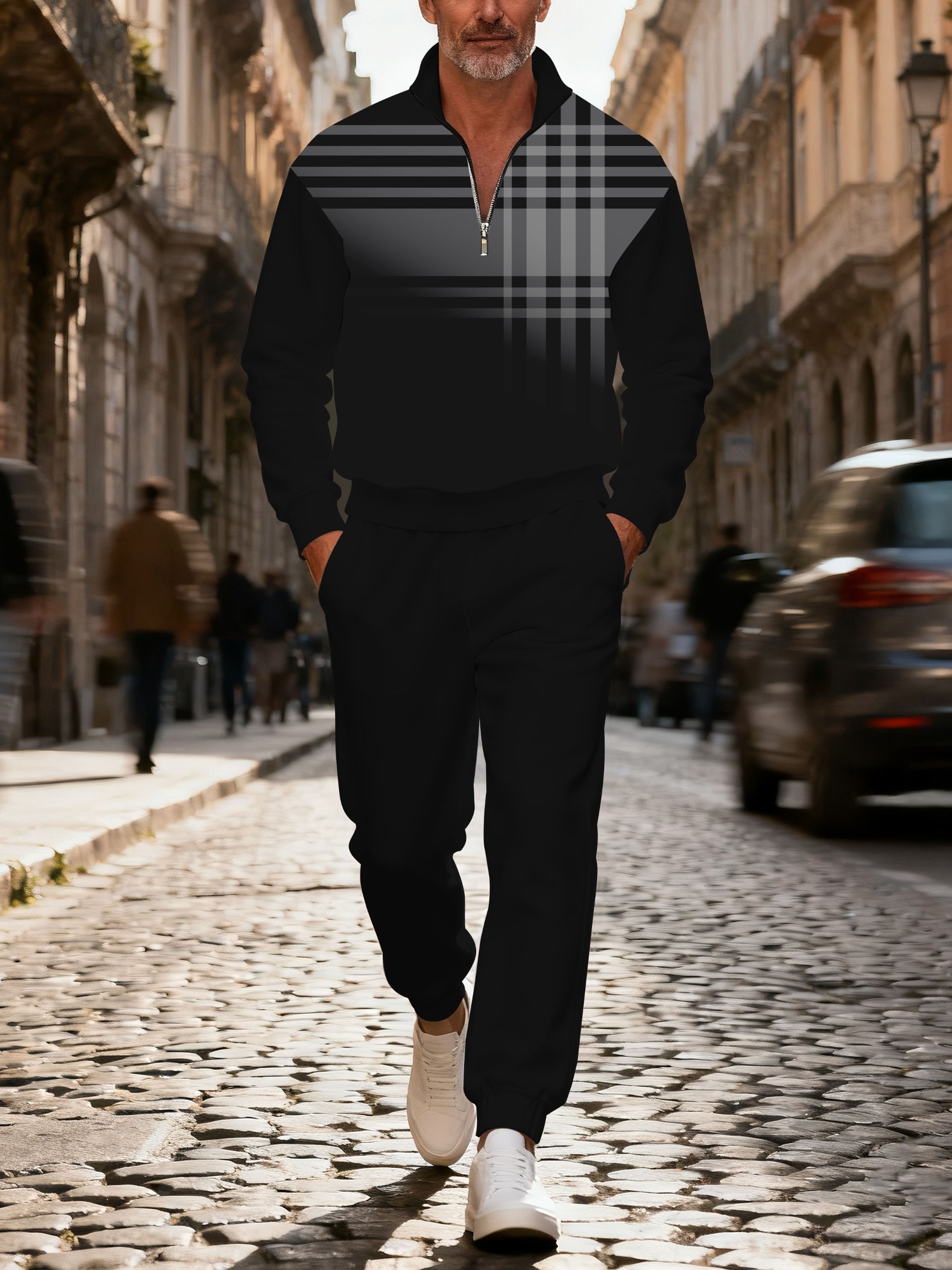 Men's casual black checkered zipper long-sleeved two-piece set