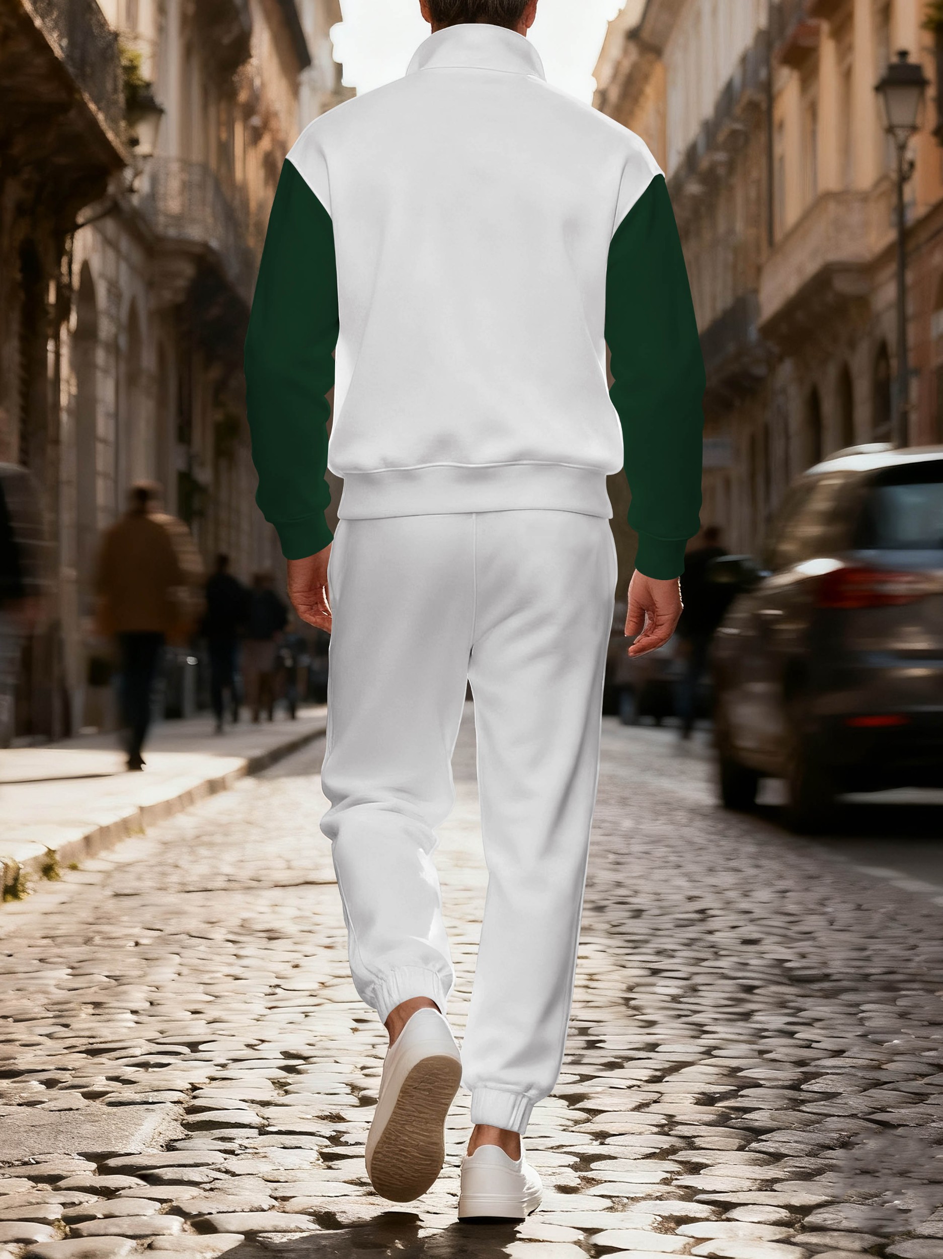 Men's casual green geometric zipper long-sleeved two-piece set