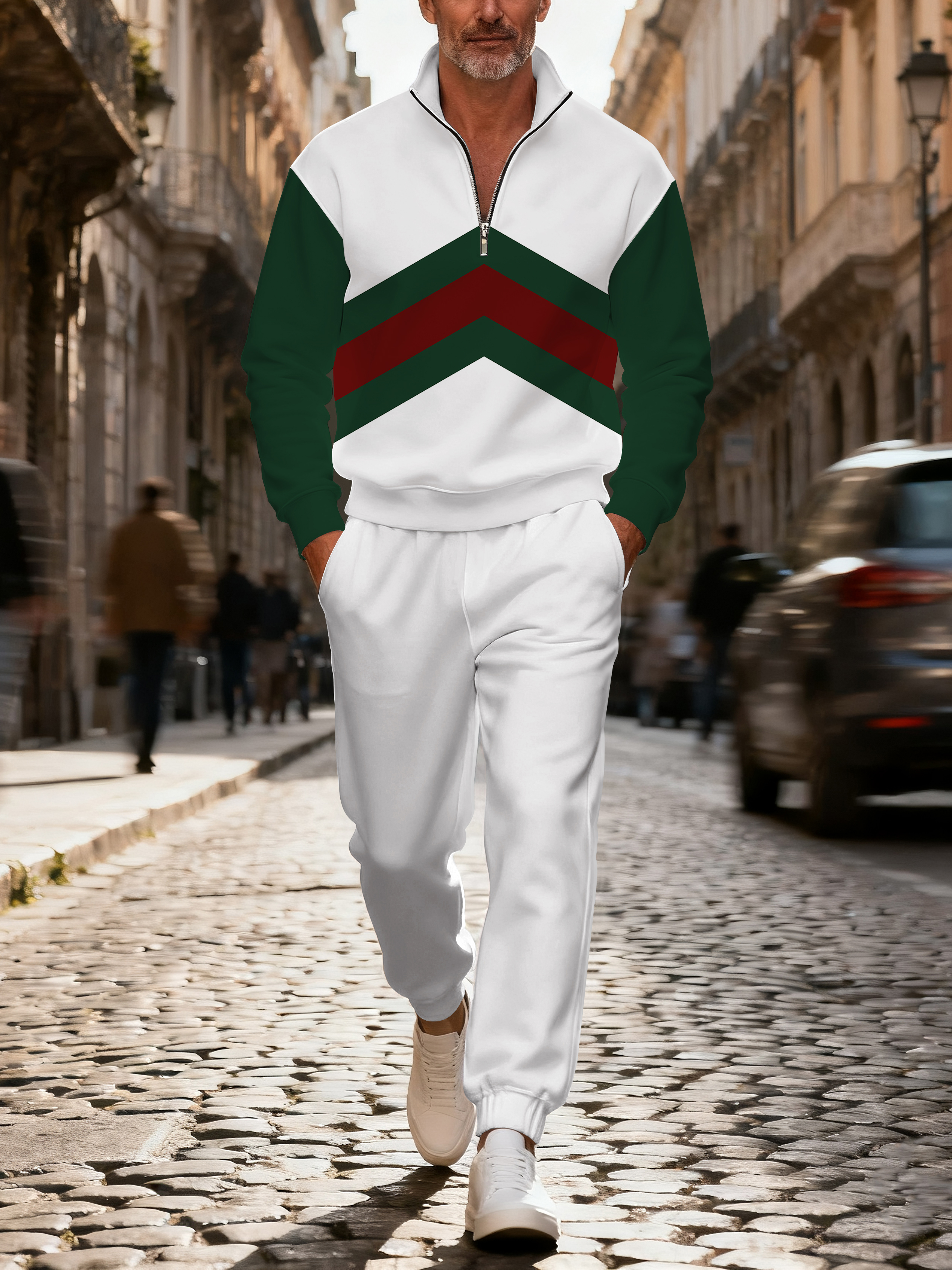 Men's casual green geometric zipper long-sleeved two-piece set