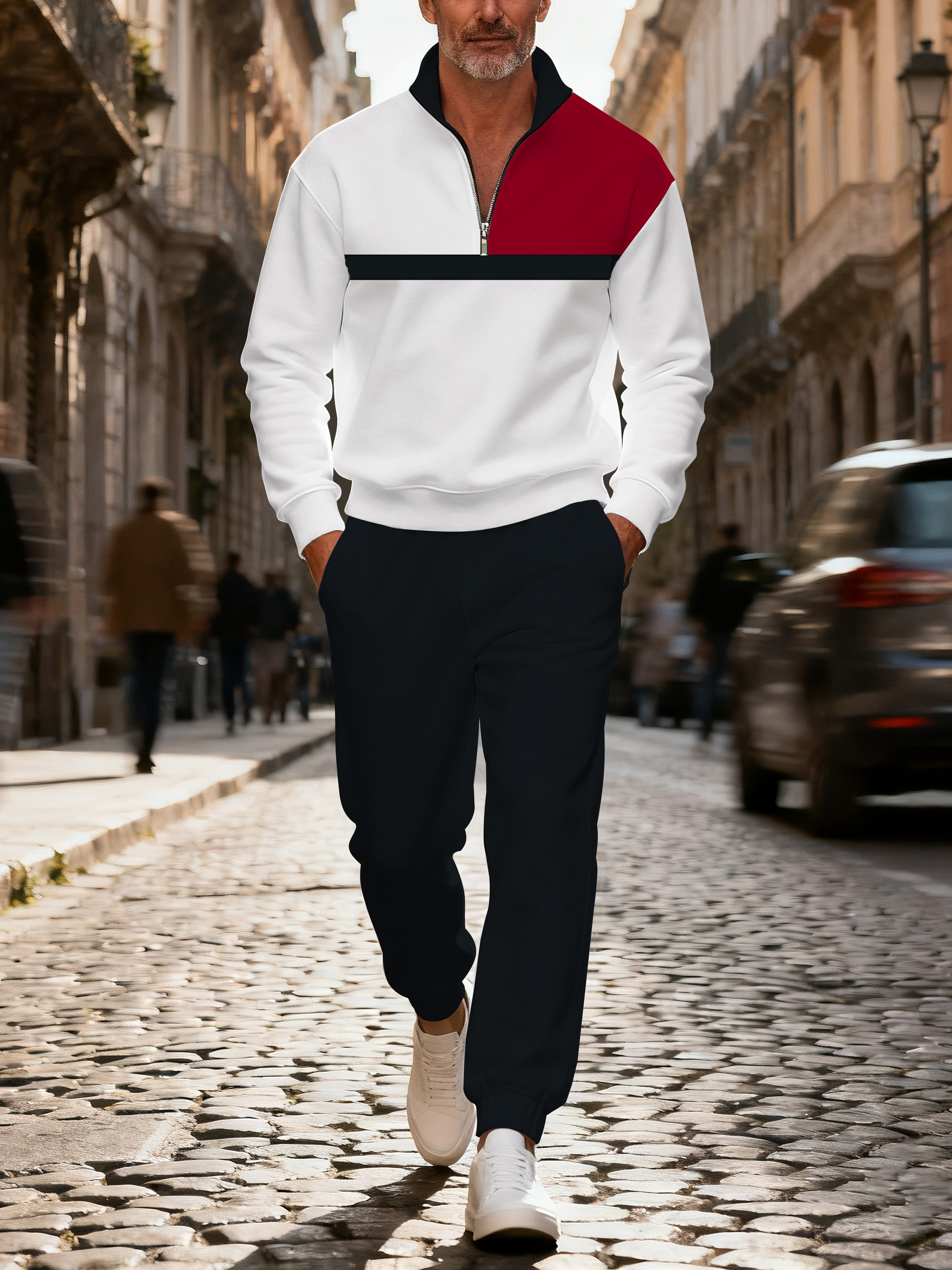 Men's casual and fashionable multi-color zipper long-sleeved two-piece