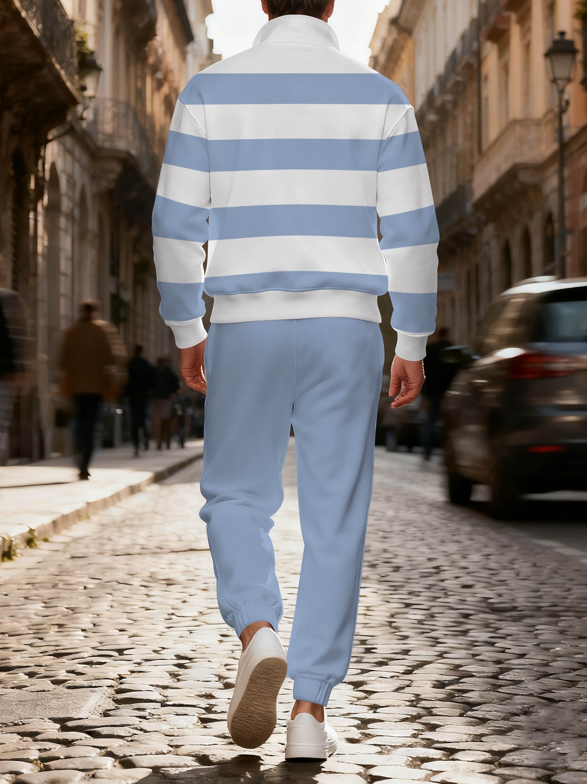 Men's casual blue and white bear zipper long-sleeved two-piece set