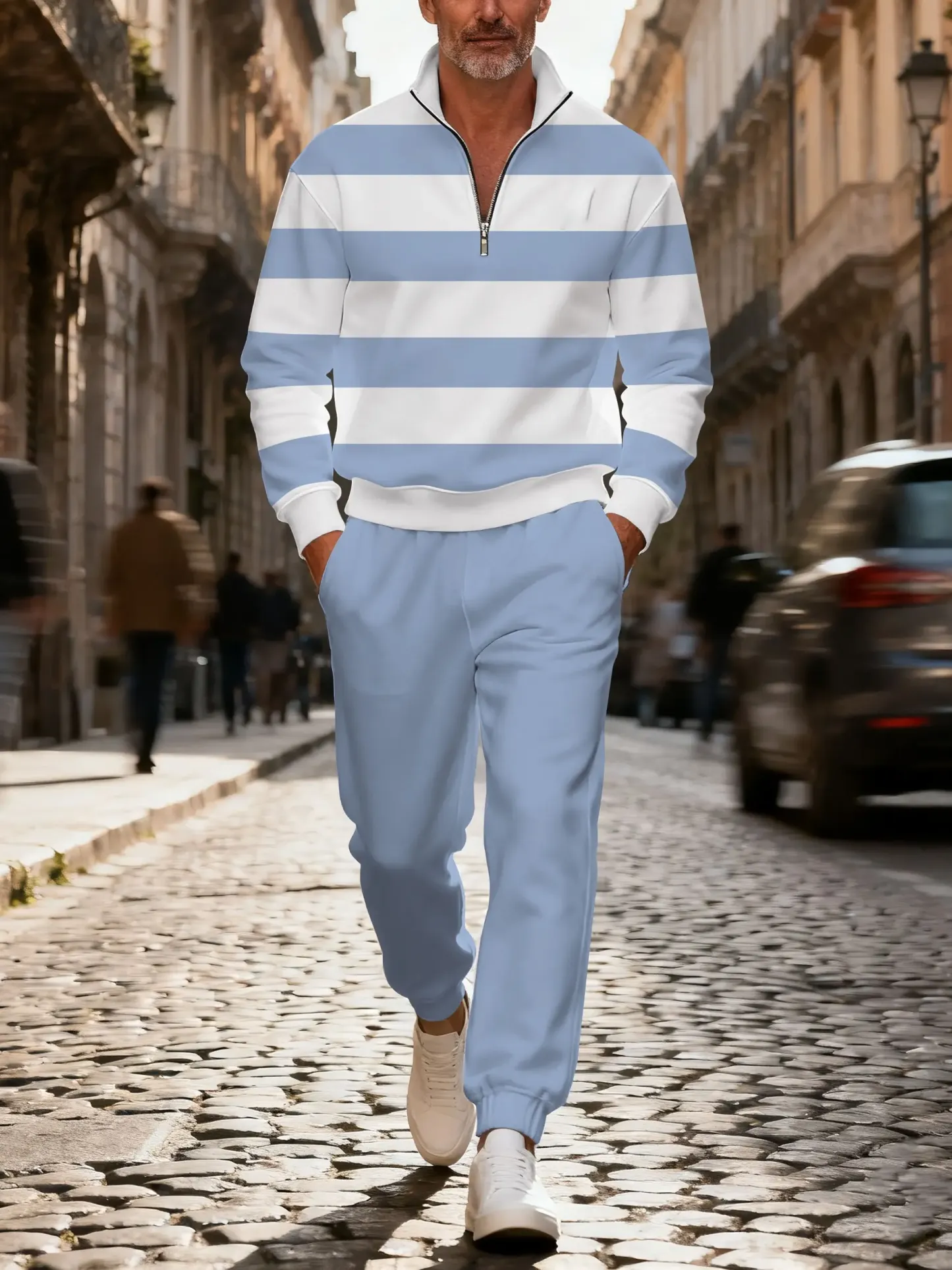 Men's casual blue and white bear zipper long-sleeved two-piece set