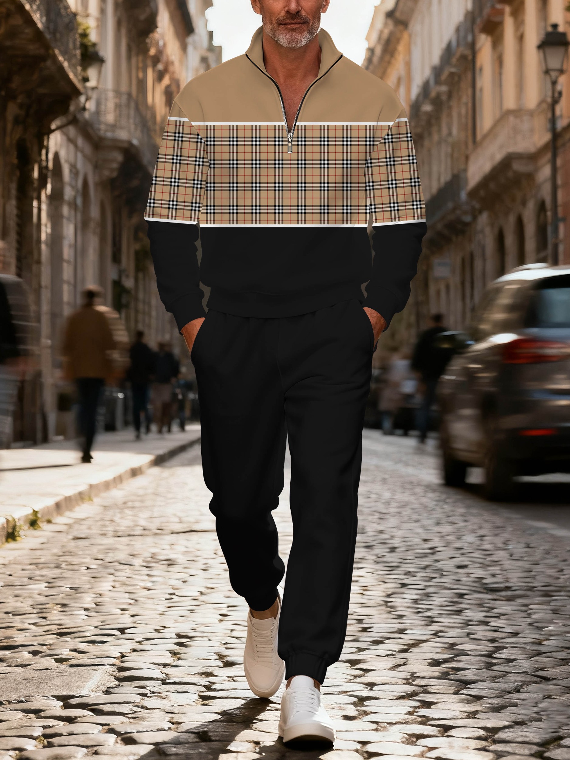 Men's casual black khaki checkered zipper long-sleeved two-piece set