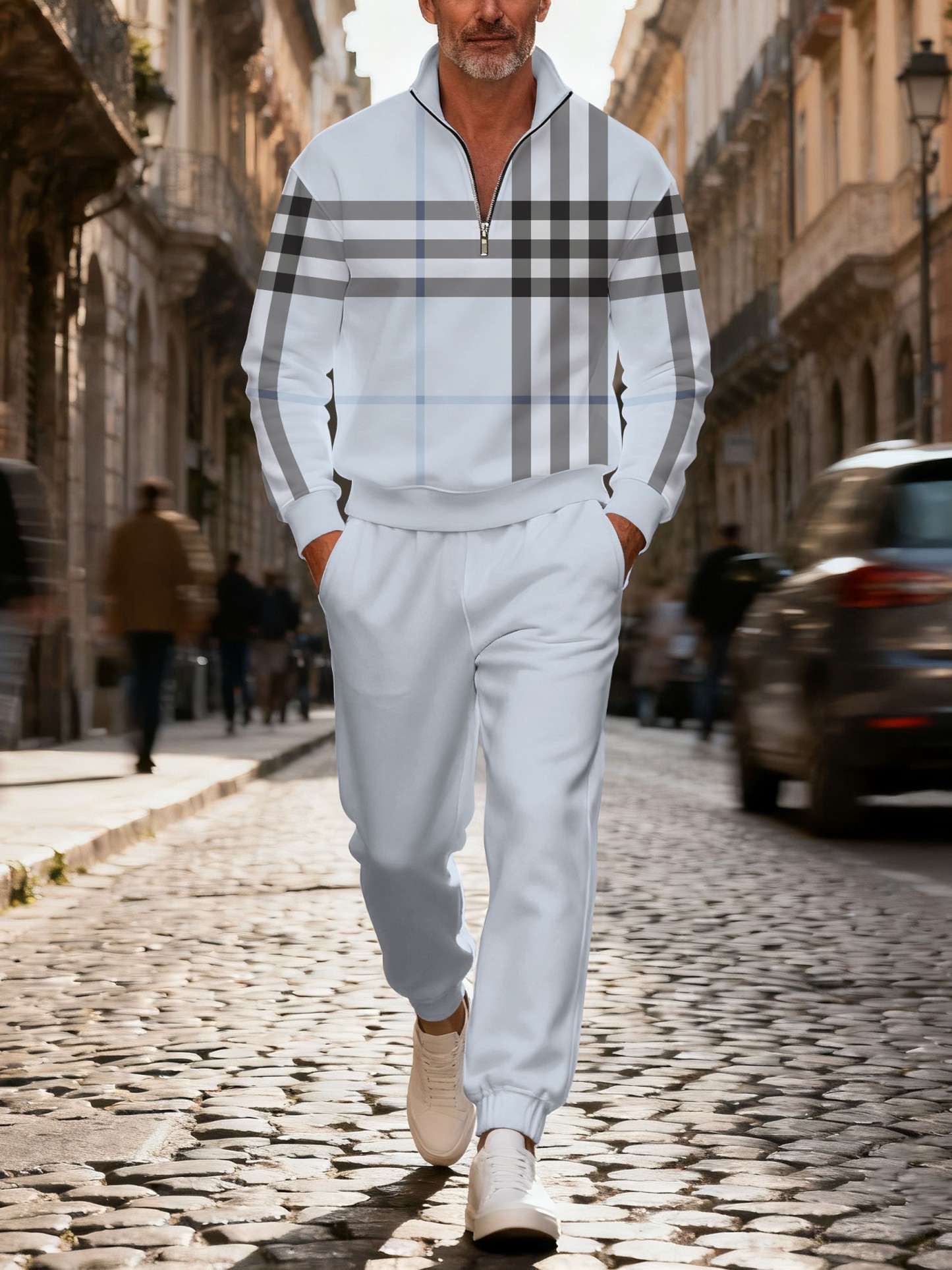 Men's casual checkered zipper long-sleeved two-piece set