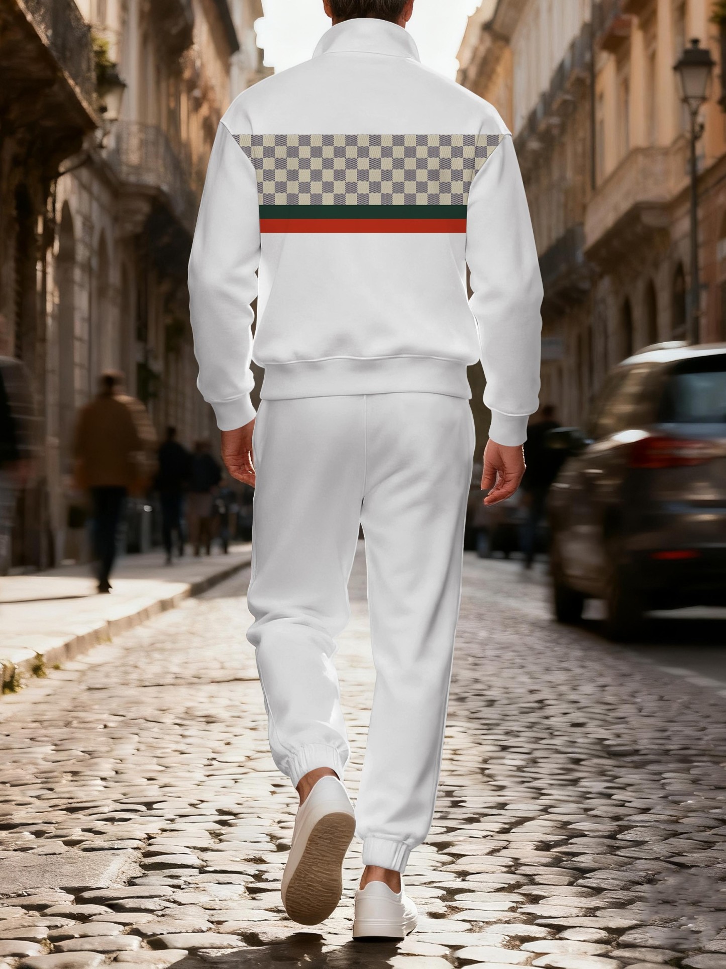 Men's casual checkered zipper long-sleeved two-piece set