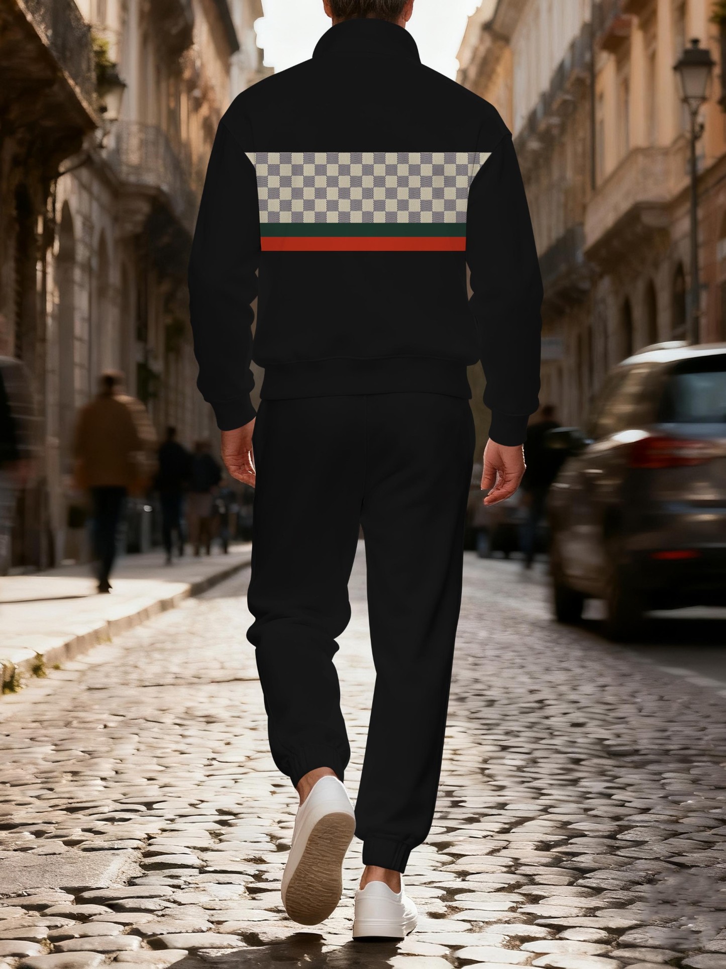 Men's casual checkered zipper long-sleeved two-piece set