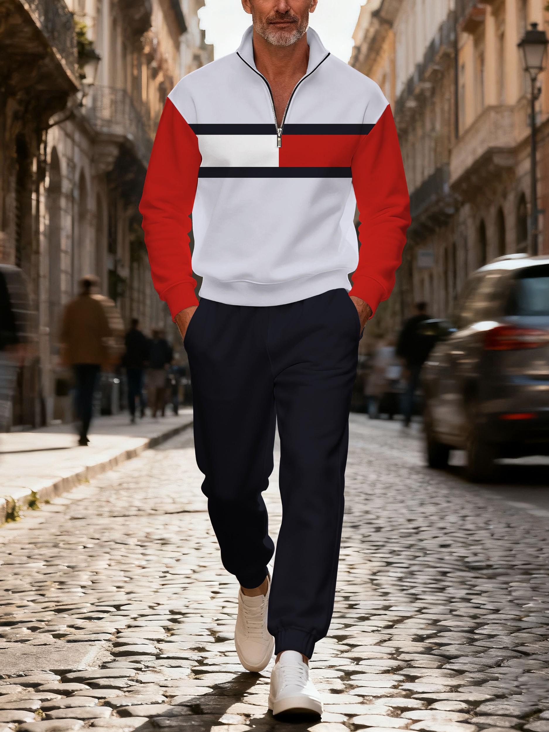 Men's casual multi-color zipper long-sleeved two-piece set