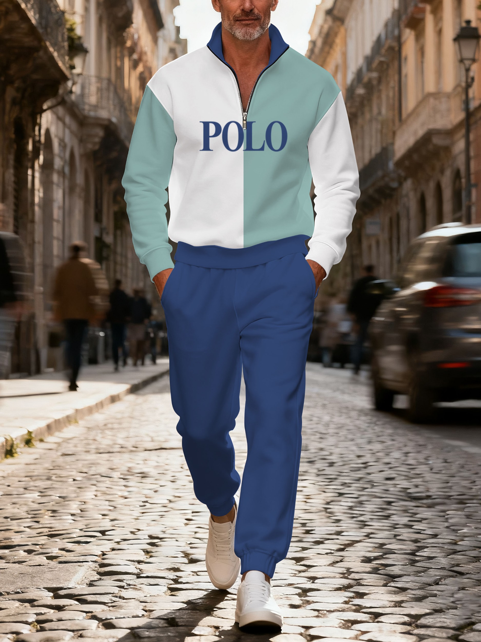 Men's casual multi-color zipper long-sleeved two-piece set