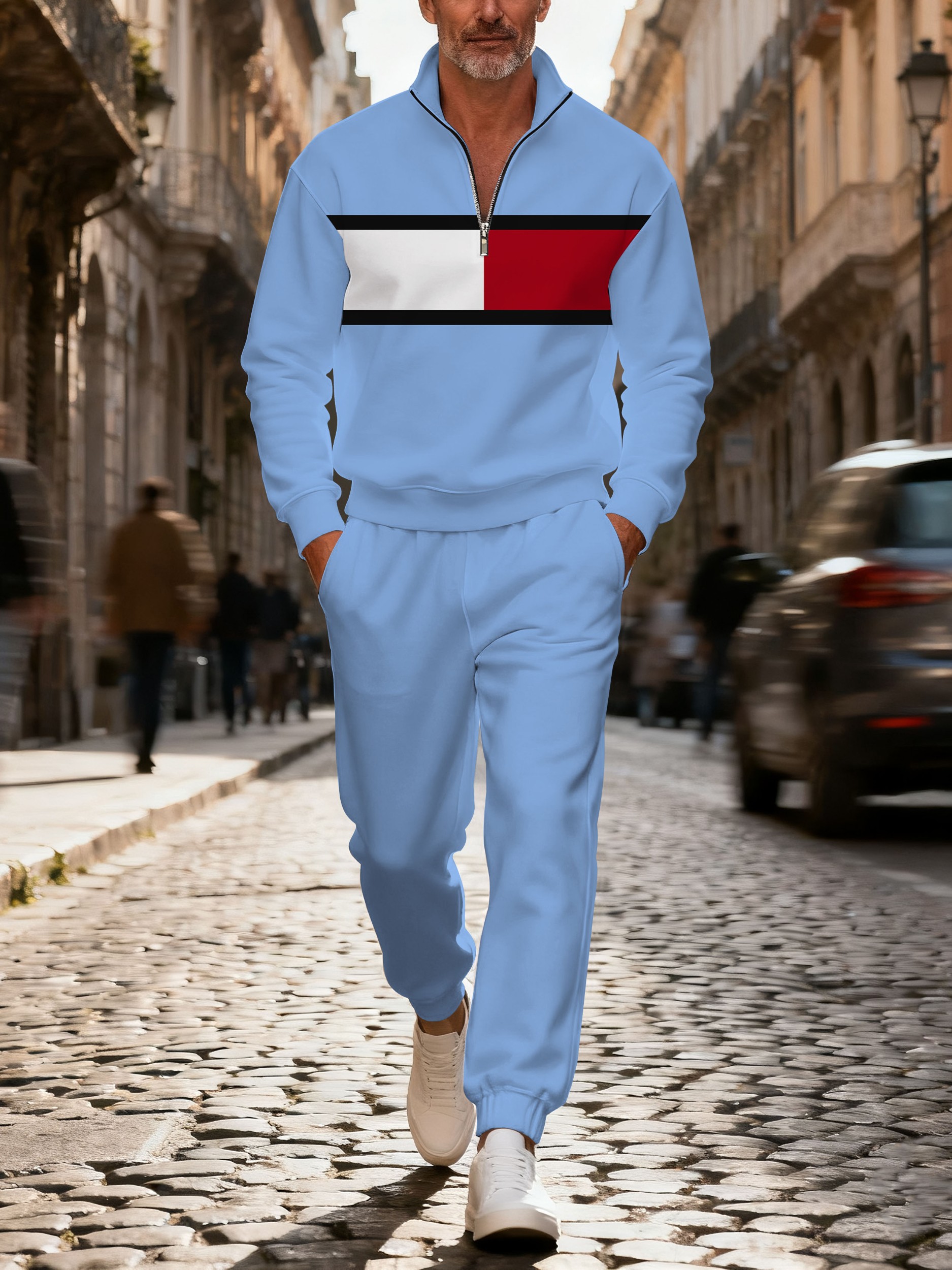 Men's casual multi-color zipper long-sleeved two-piece set