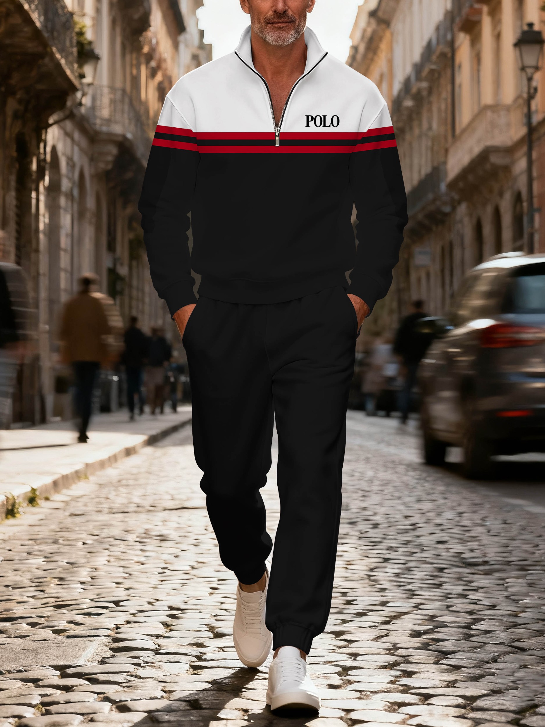 Men's casual multi-color zipper long-sleeved two-piece set