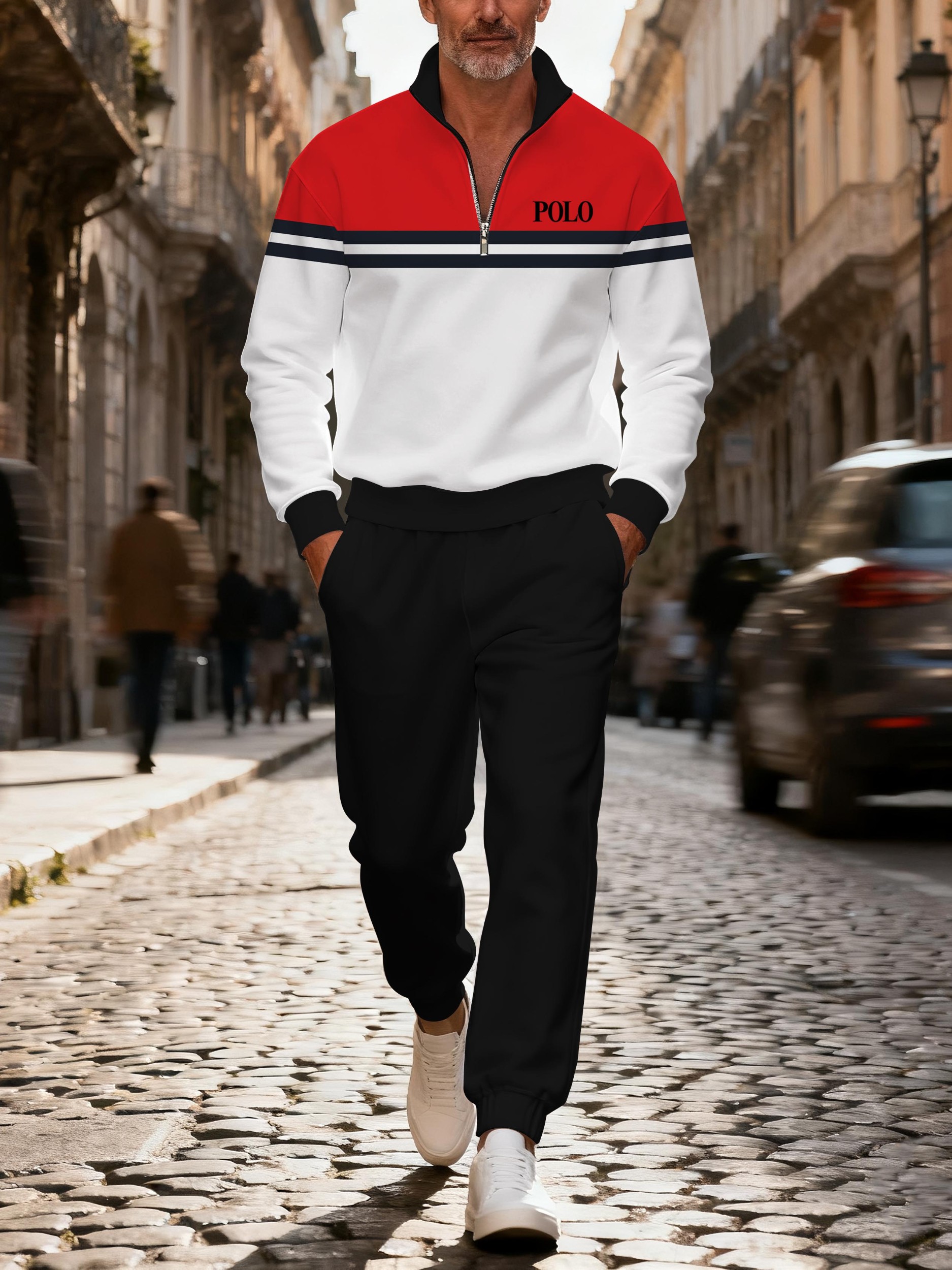 Men's casual multi-color zipper long-sleeved two-piece set