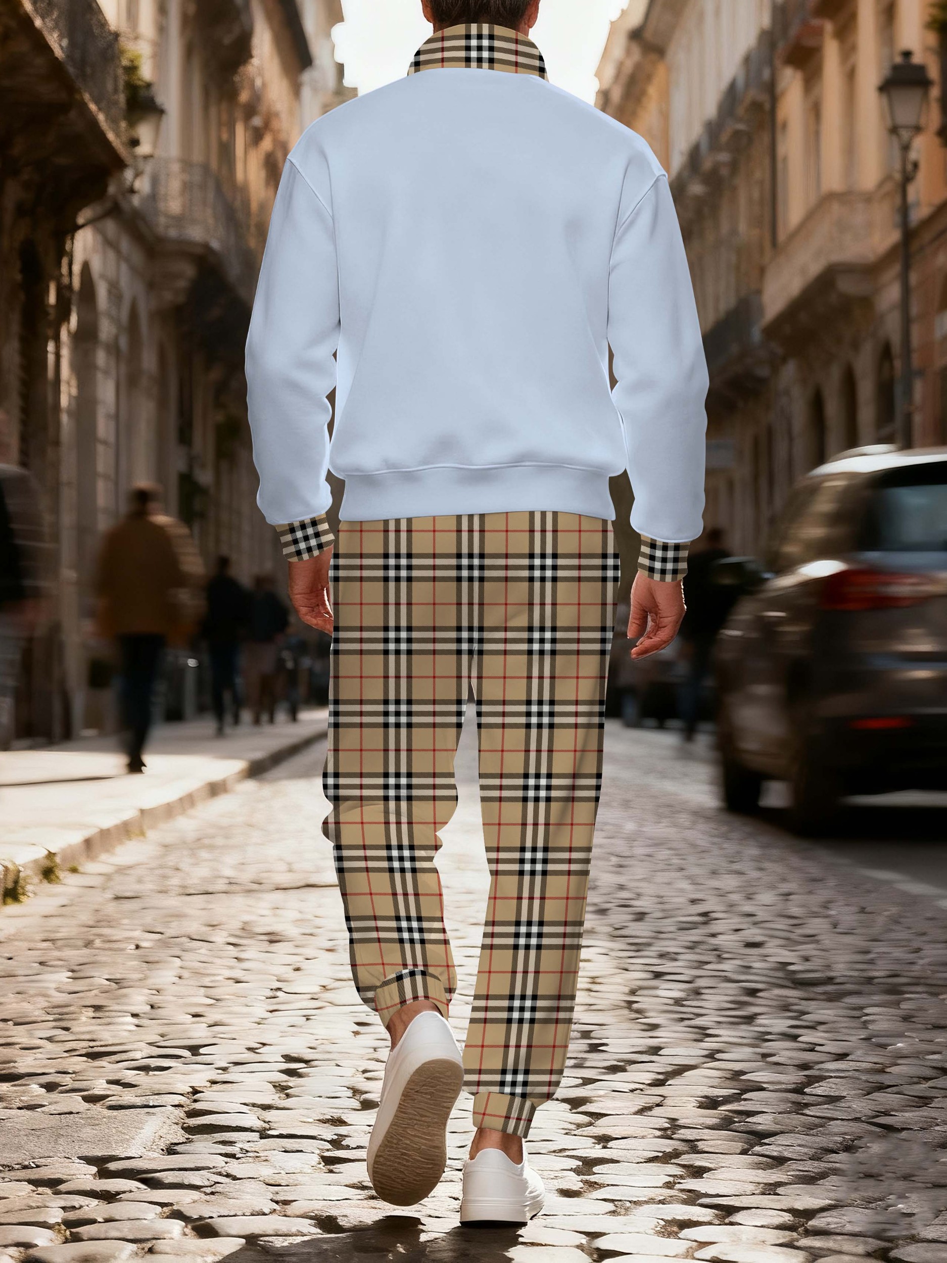 Men's casual checkered zipper long-sleeved two-piece set