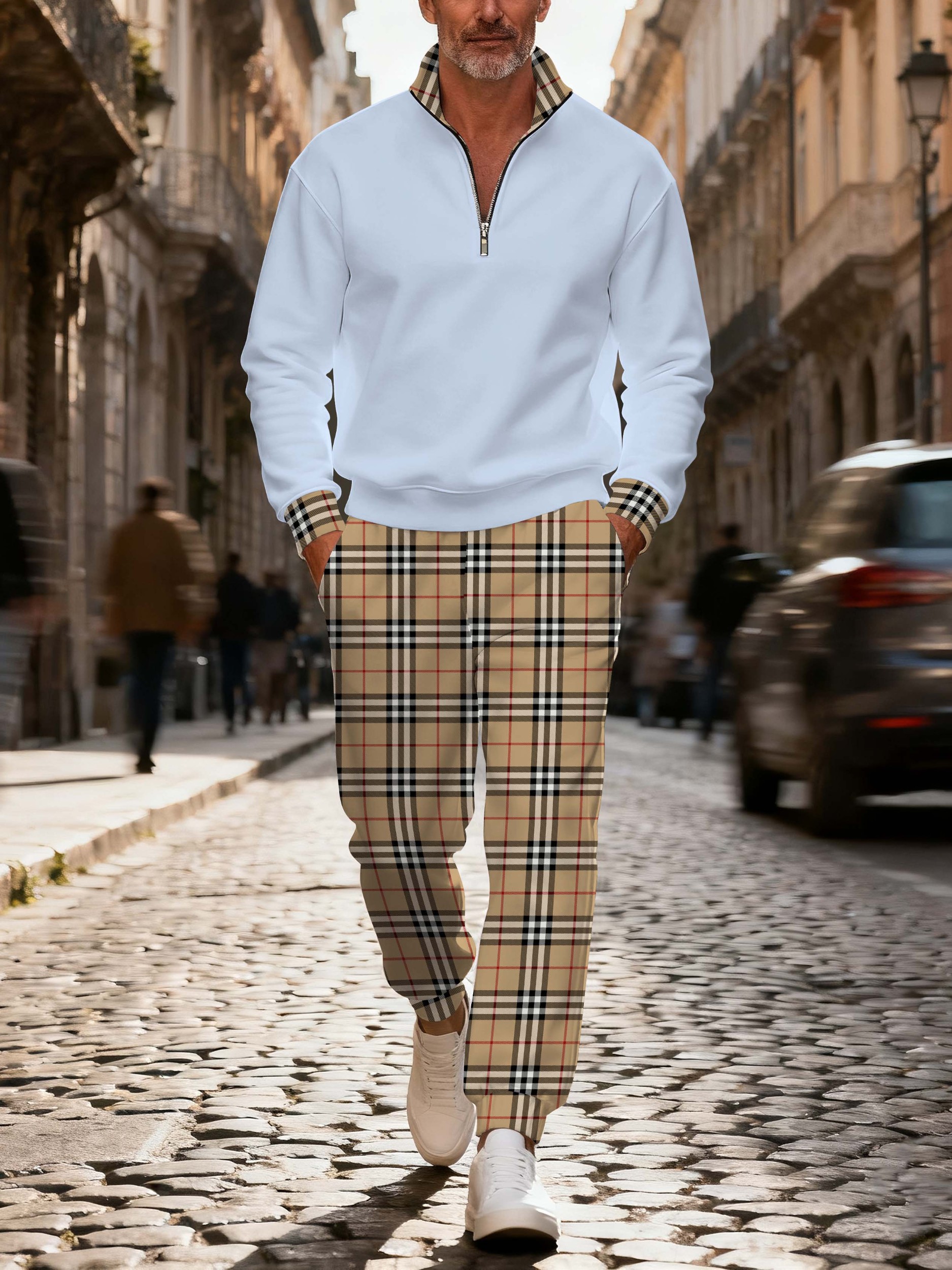 Men's casual checkered zipper long-sleeved two-piece set