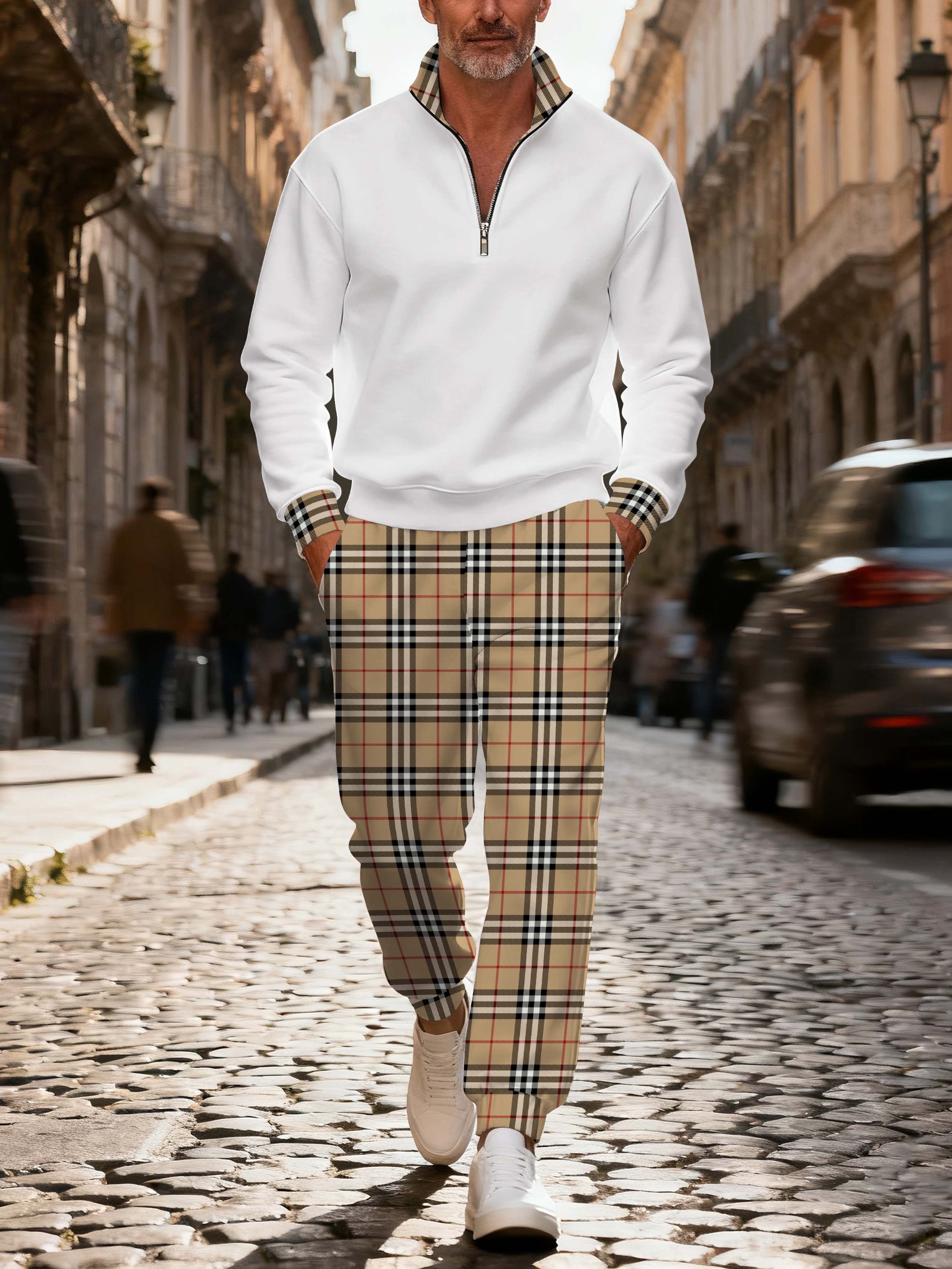 Men's casual checkered zipper long-sleeved two-piece set