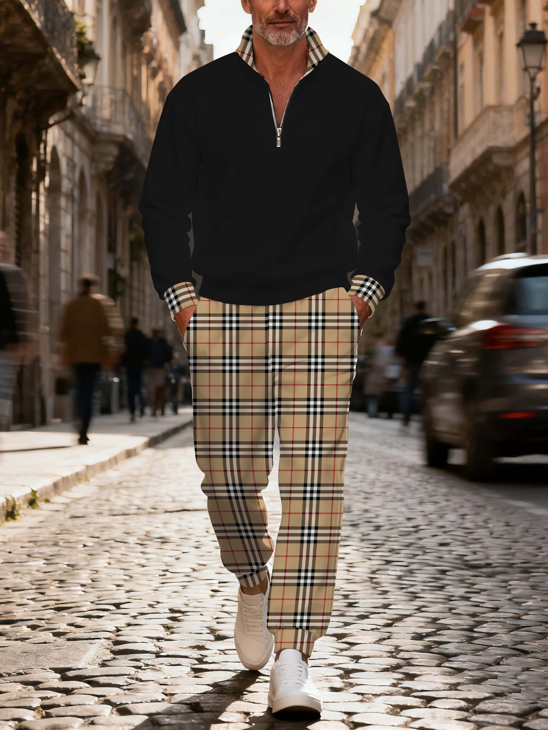 Men's casual checkered zipper long-sleeved two-piece set
