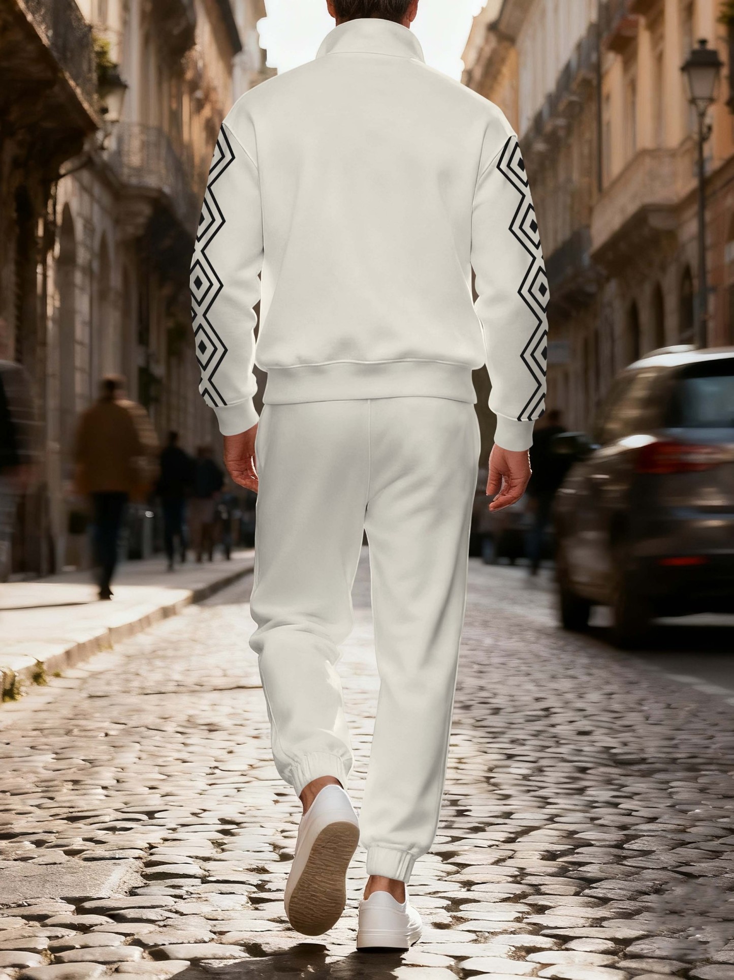 Men's fashionable beige geometric zipper long-sleeved two-piece set