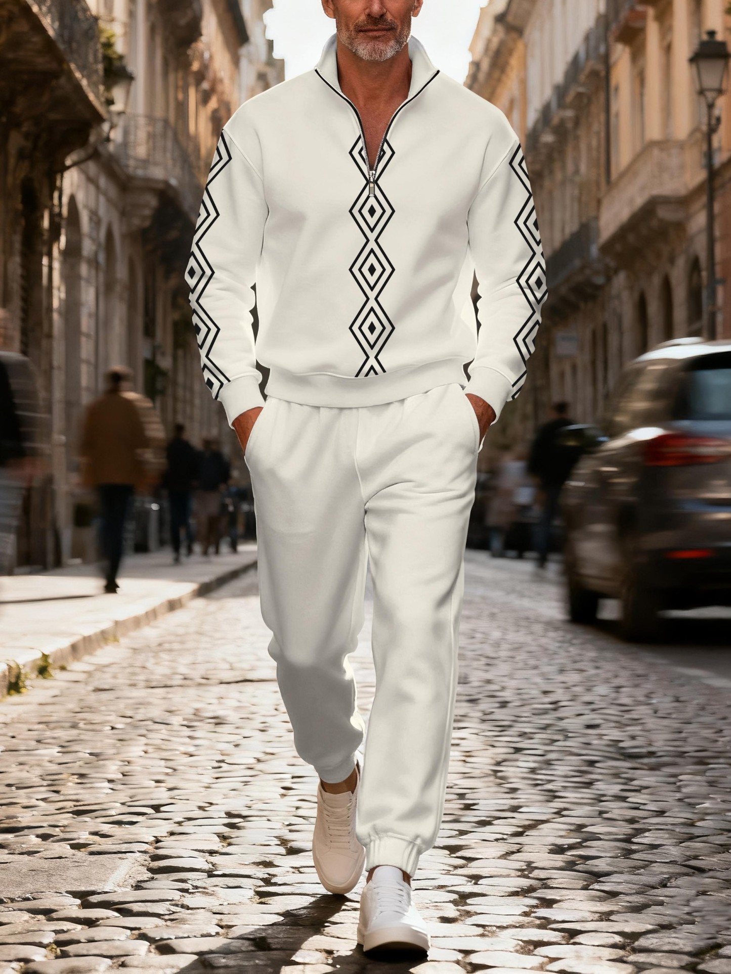 Men's fashionable beige geometric zipper long-sleeved two-piece set