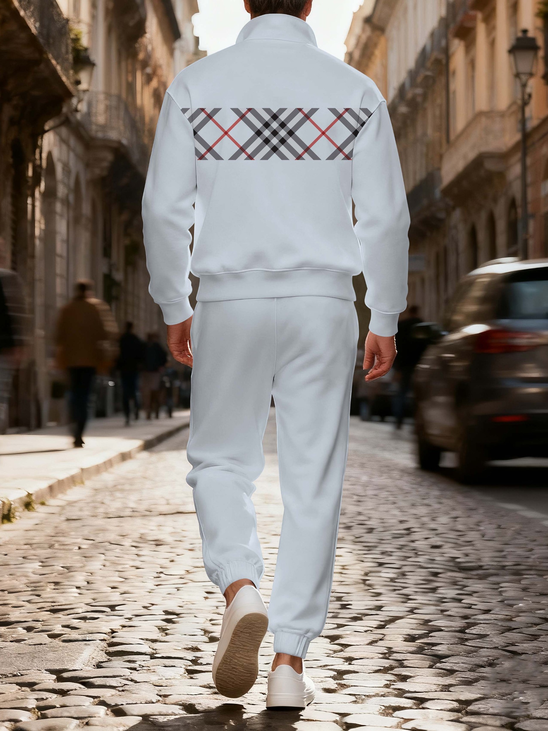 Men's casual blue checkered zipper long-sleeved two-piece set