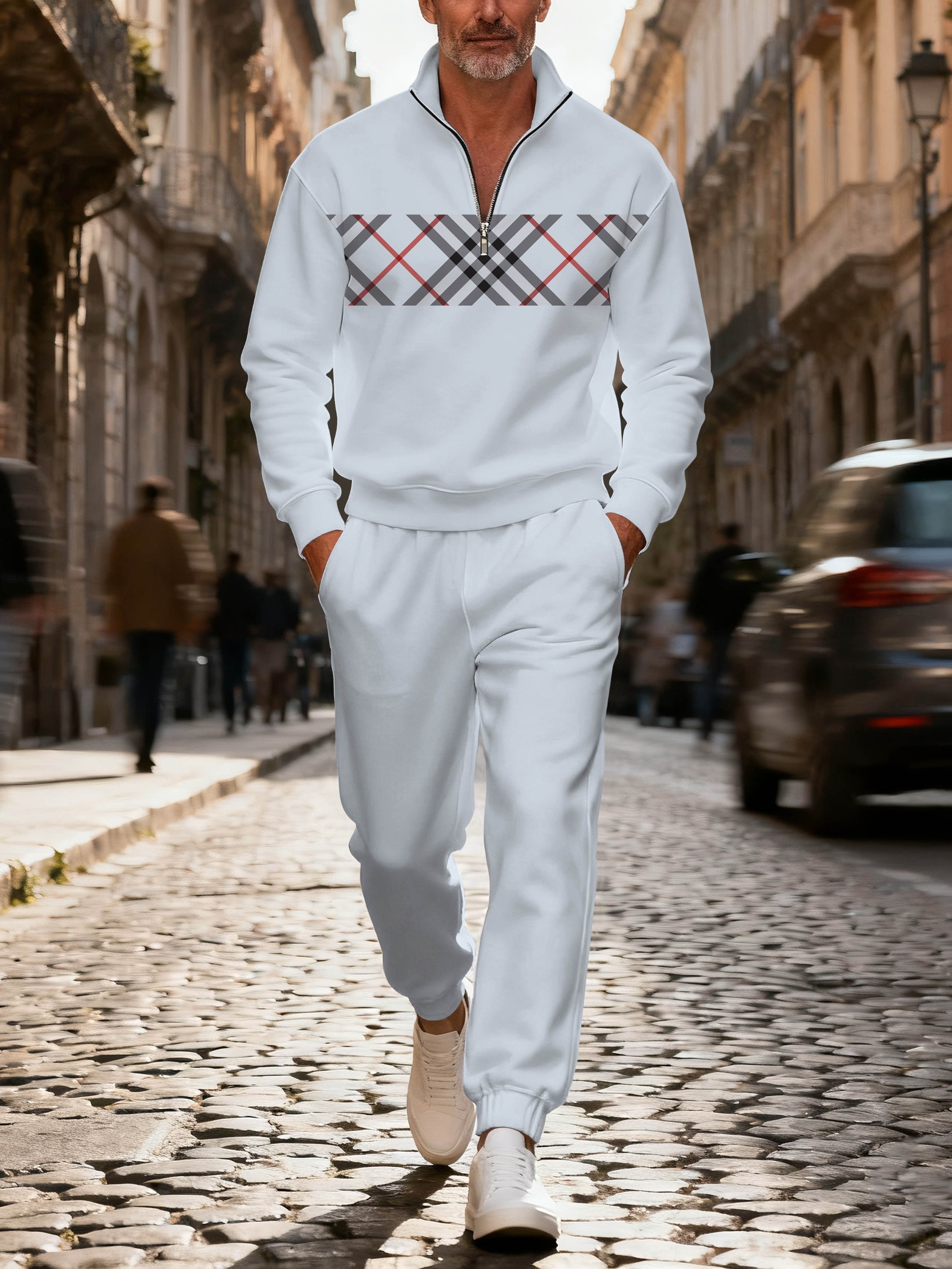 Men's casual blue checkered zipper long-sleeved two-piece set